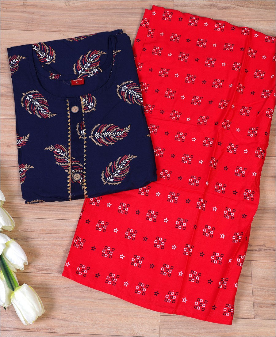 Blue Rayon block print work Kurti Set
