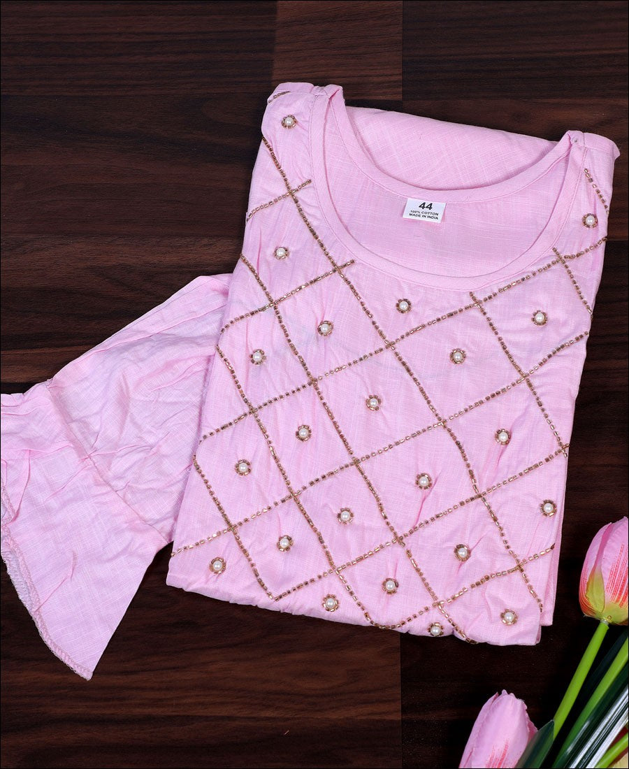 Light Pink Coloured Cotton Hand Pearl Work Kurti