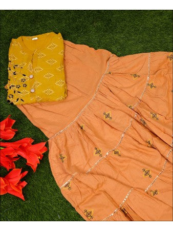 Lemon Coloured Cotton Block Print With Hand Work Kurti Set