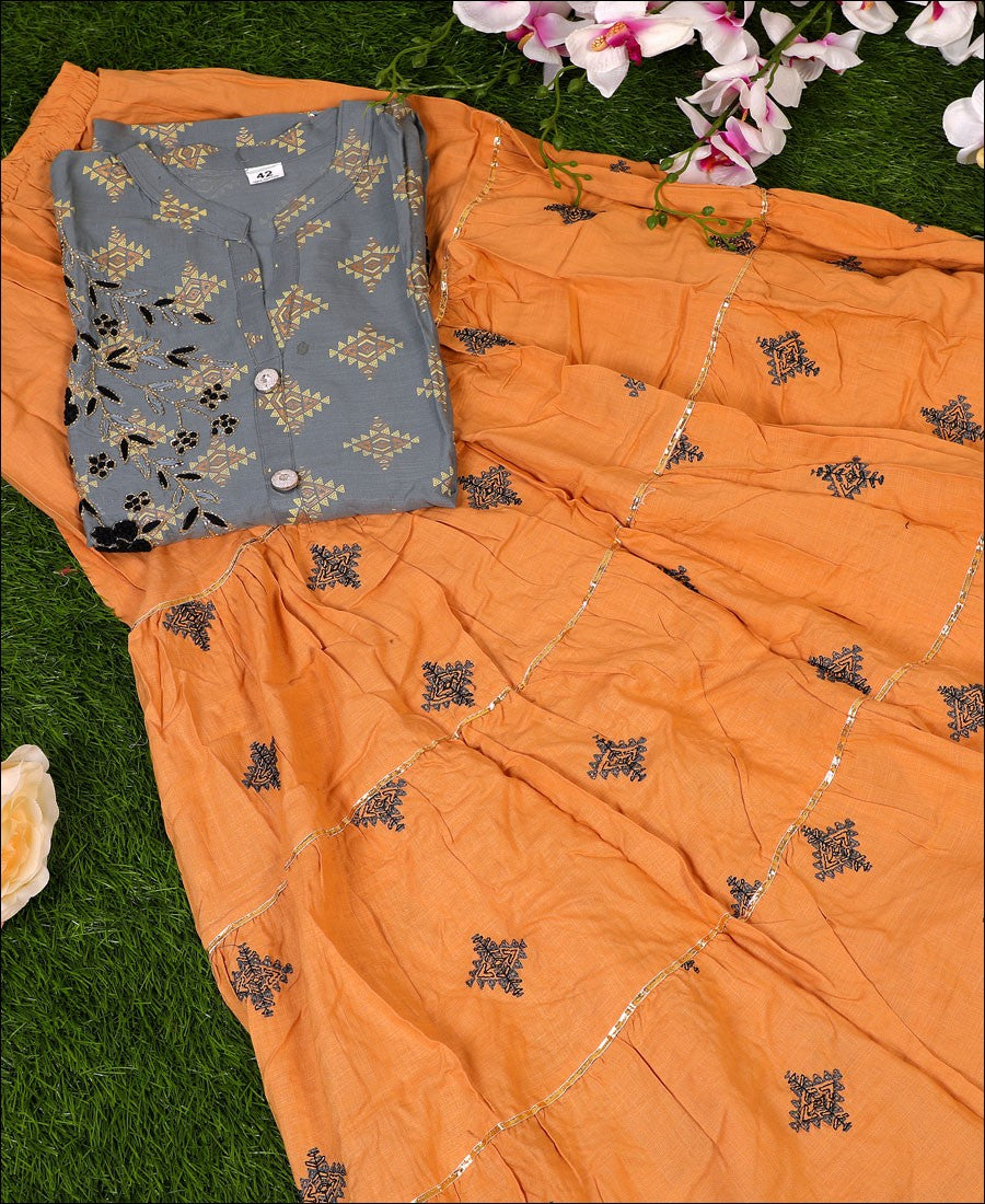Grey Coloured Cotton Block Print With Hand Work Kurti Set