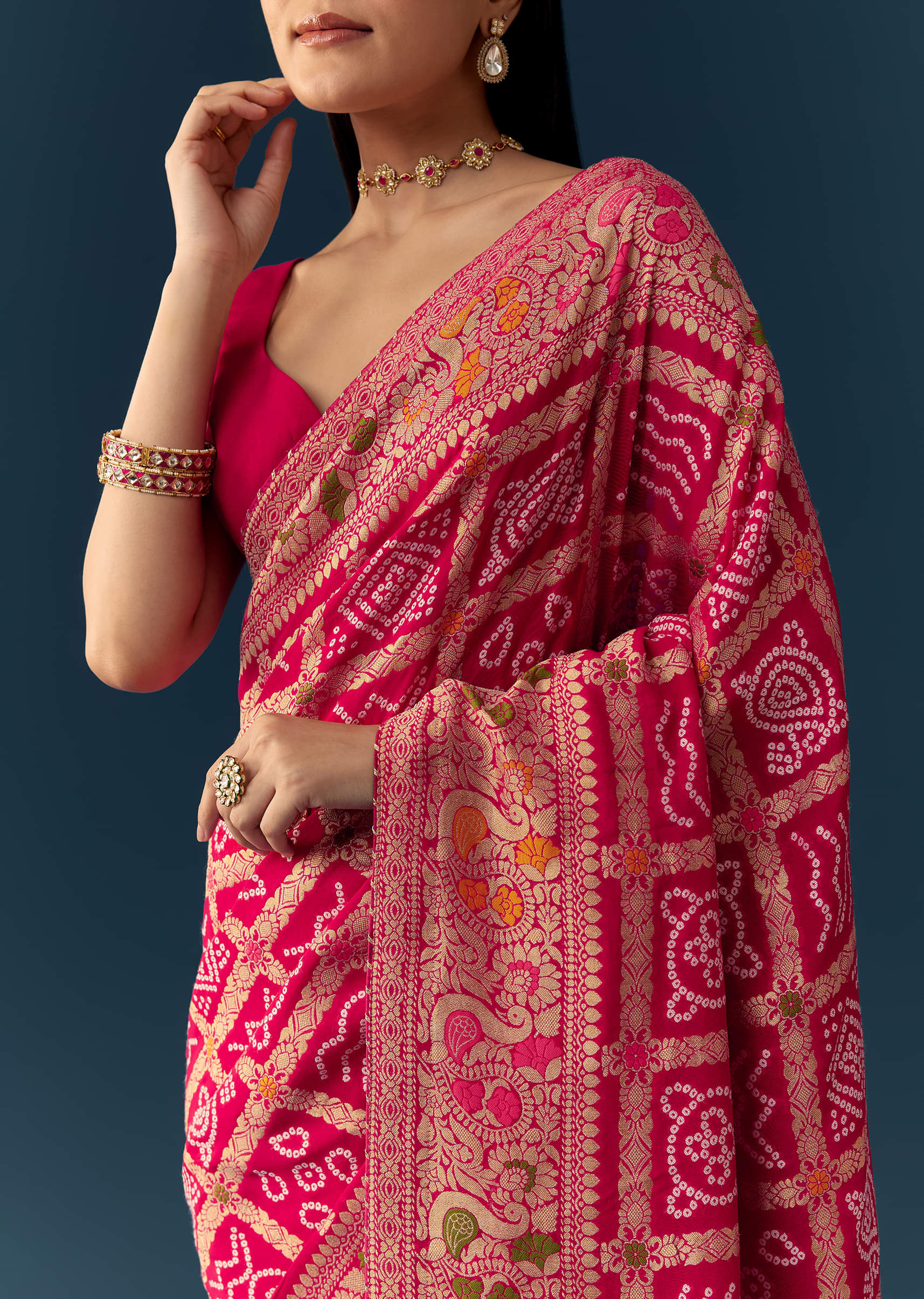Rani Pink Dola Silk Bandhani Woven Saree with Unstitched Blouse