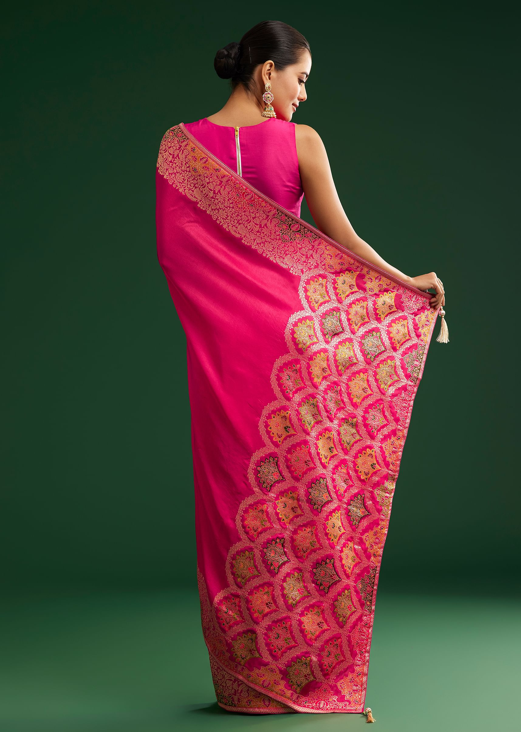 Rani Pink Dola Silk Saree With Zari Detailing