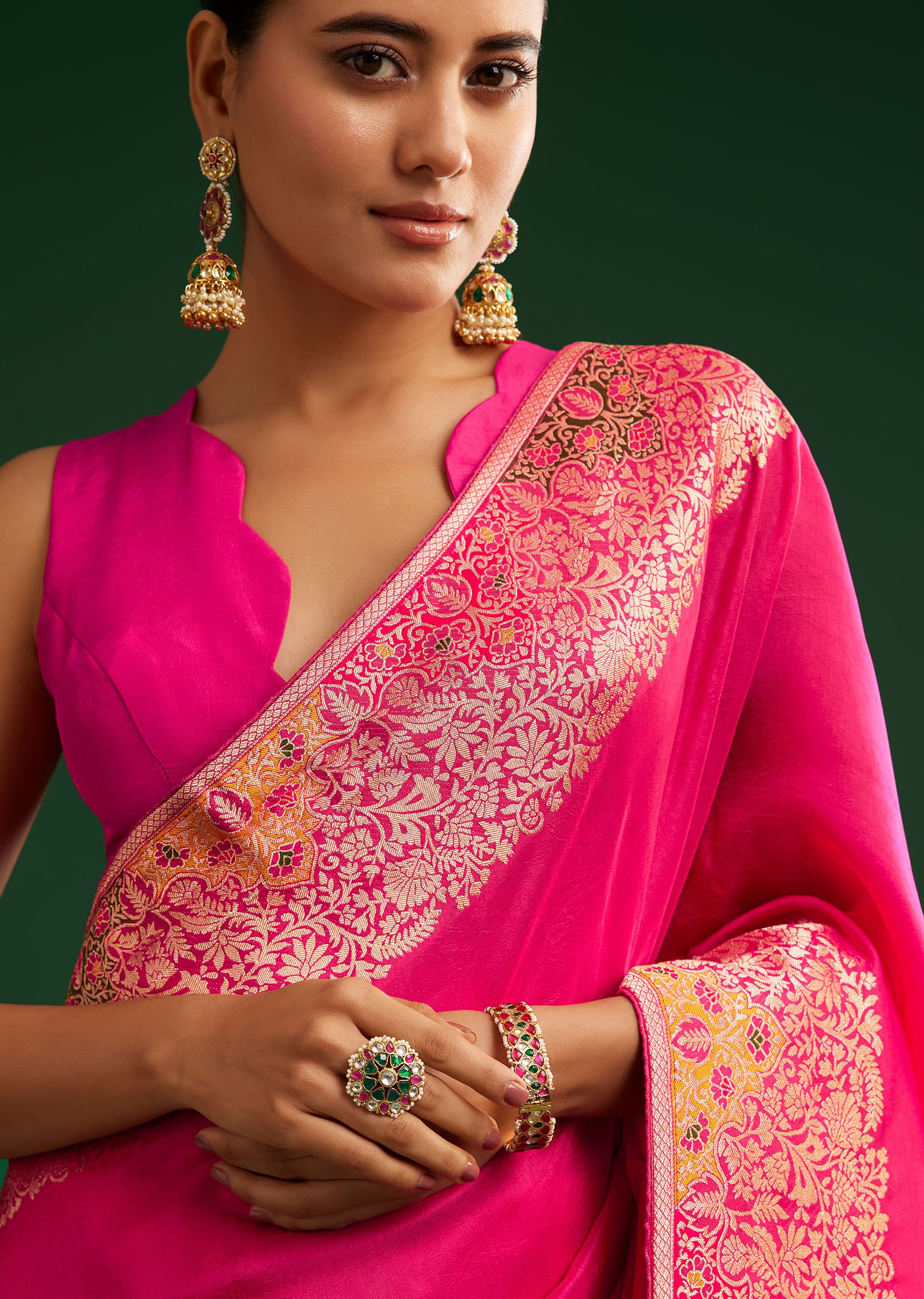 Rani Pink Dola Silk Saree With Zari Detailing
