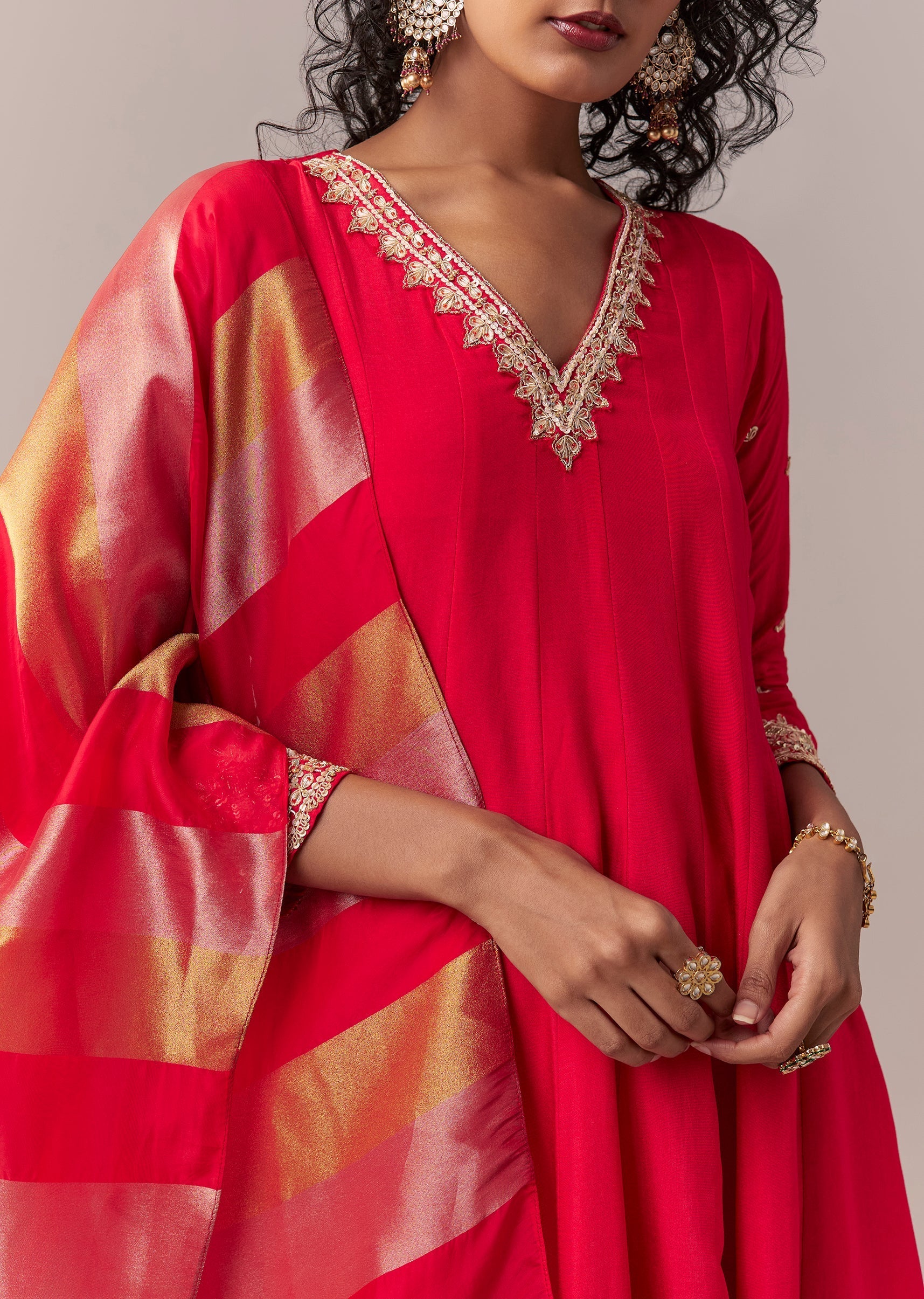 Rani Pink Gotta & Zardosi Anarkali Set With Dupatta