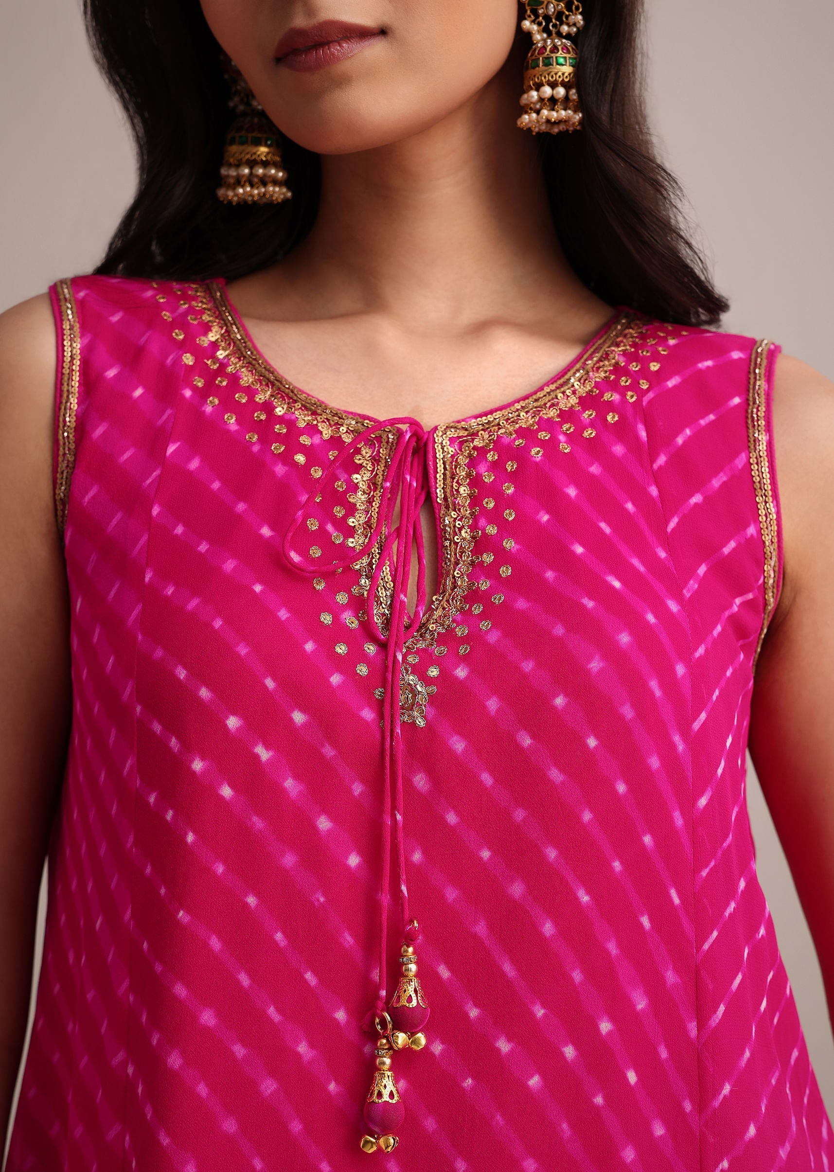 Rani Pink Leheriya Printed Kurta Dhoti Set