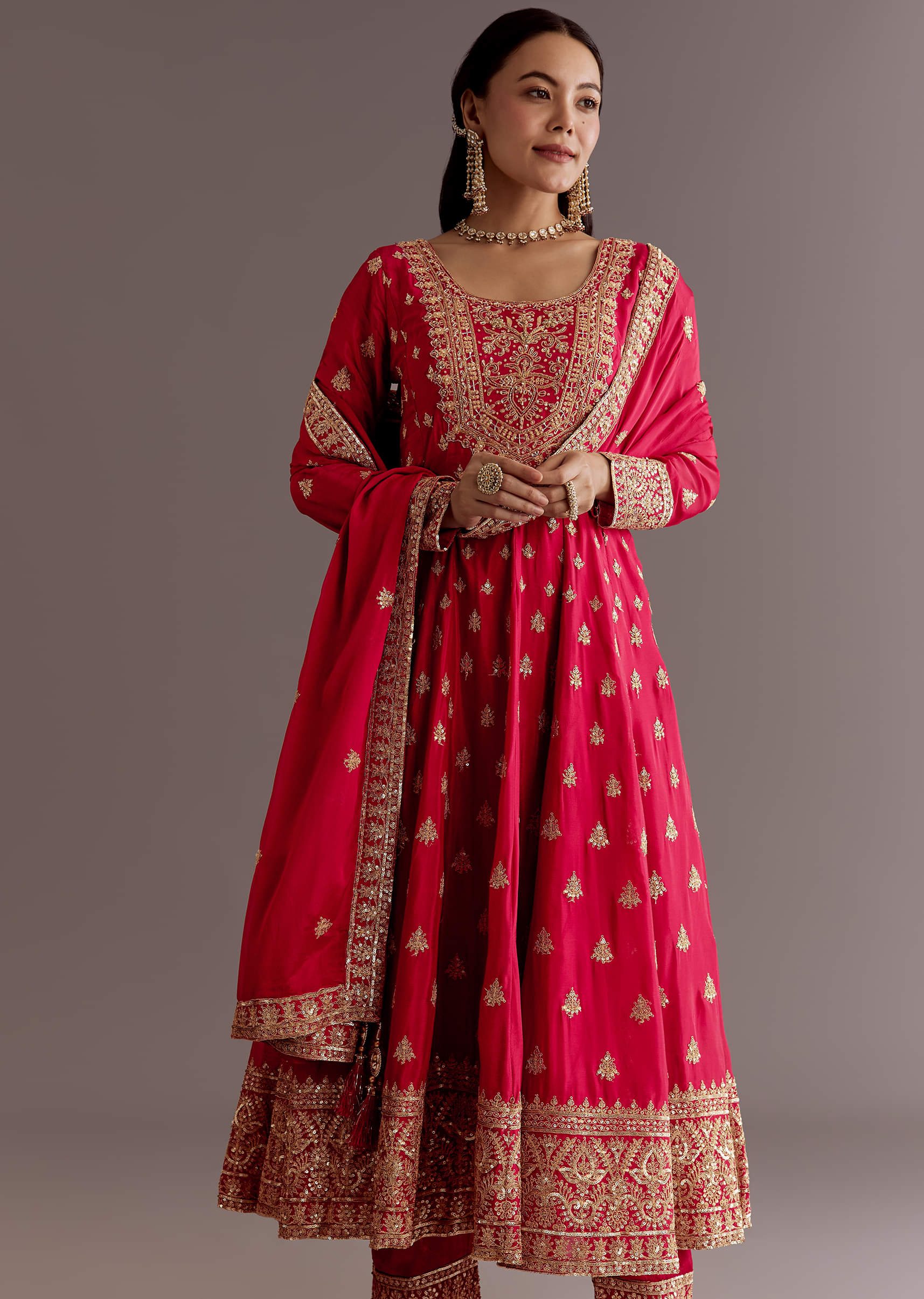 Red Chinon Zari Sequin Anarkali Suit With Dupatta