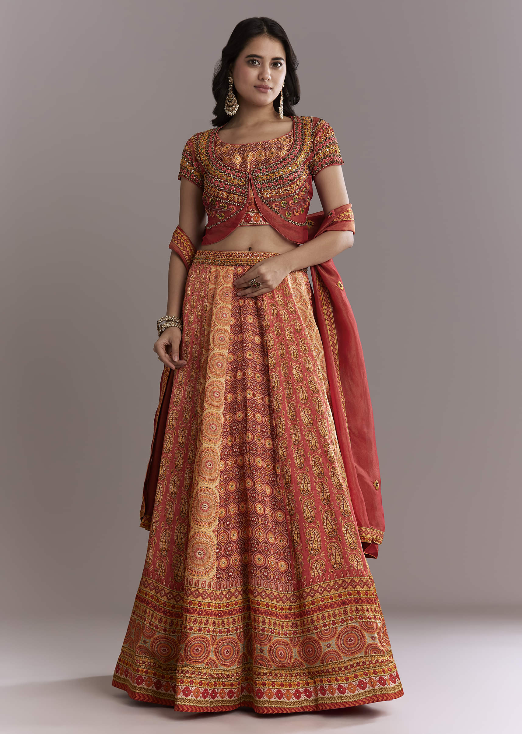 Red Crepe Printed Bridesmaid Lehenga With Intricate Hand Embroidery