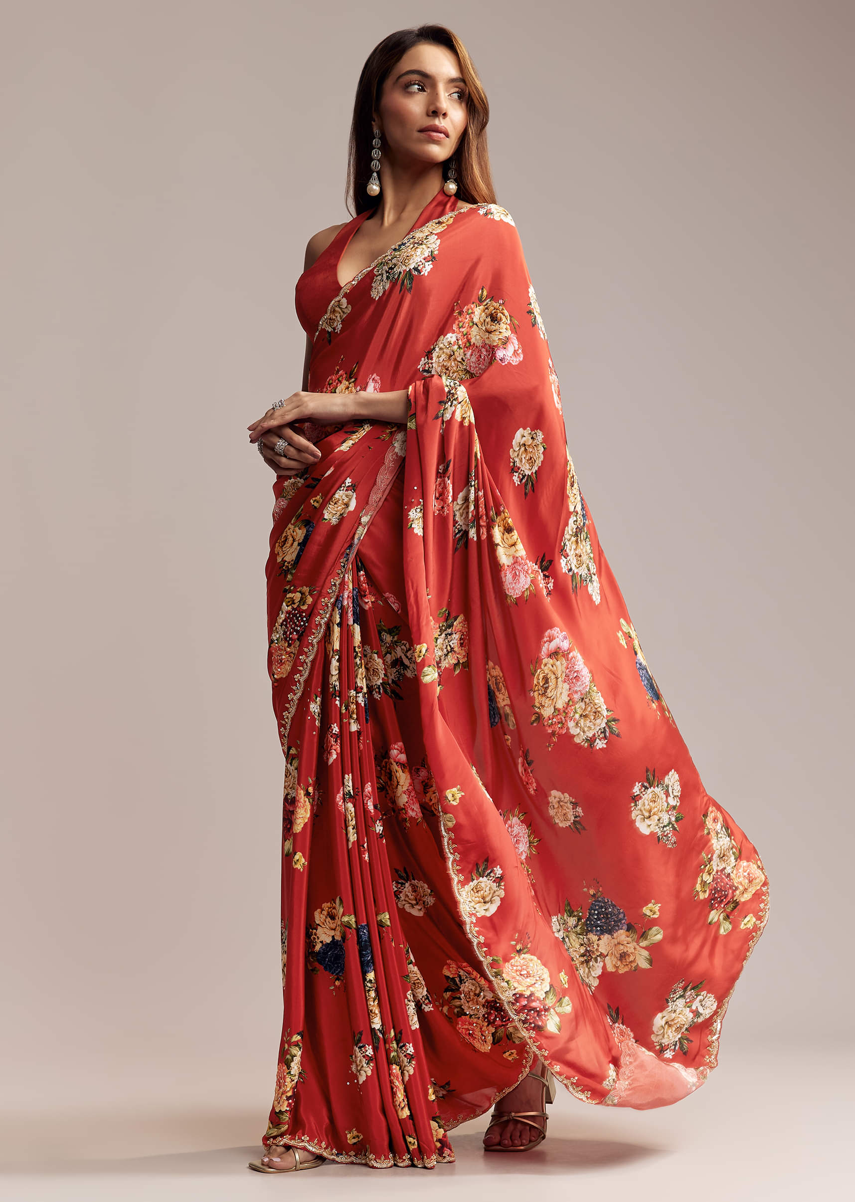 Red Crepe Saree With Floral Print Cutdana Embroidery