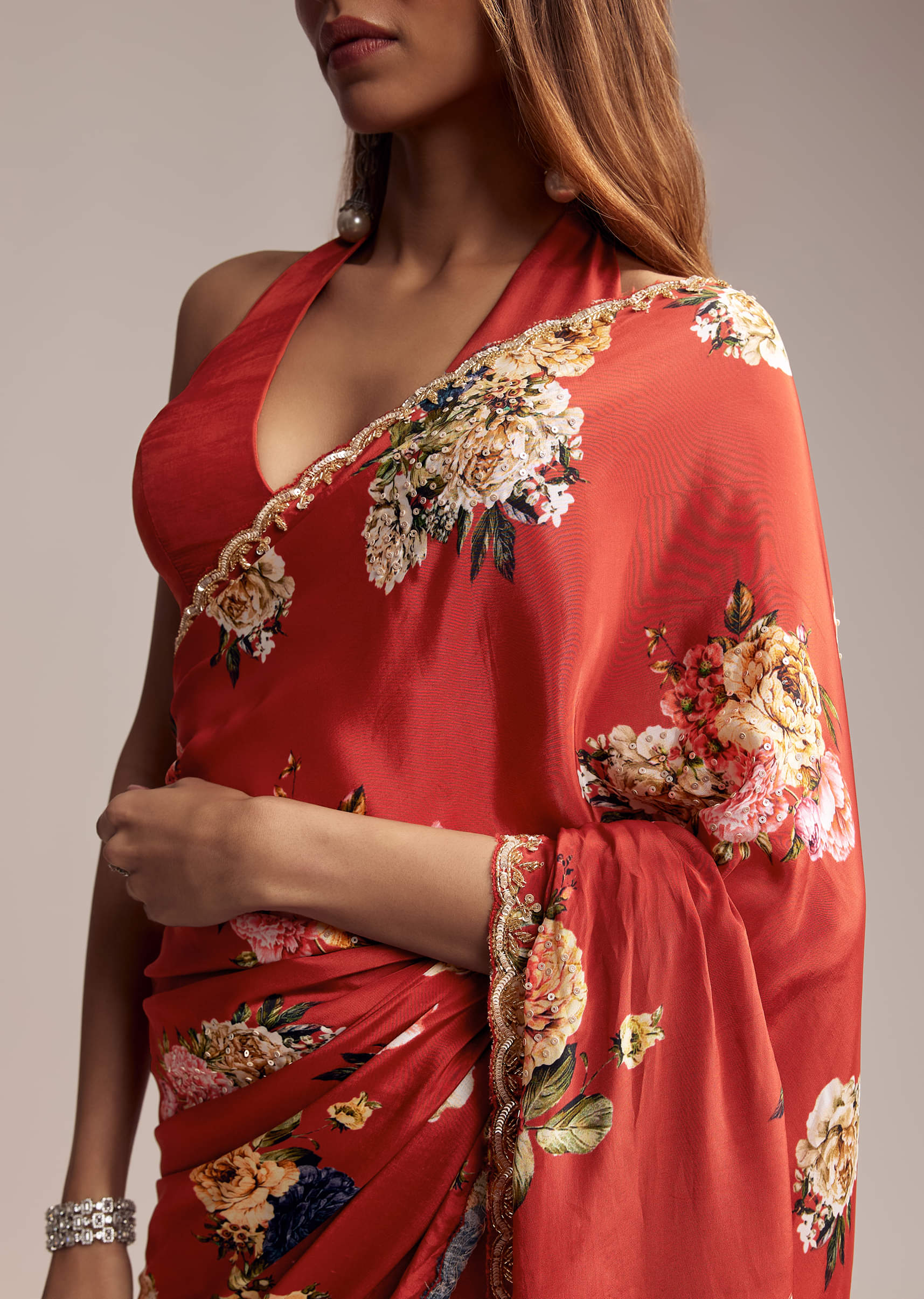 Red Crepe Saree With Floral Print Cutdana Embroidery