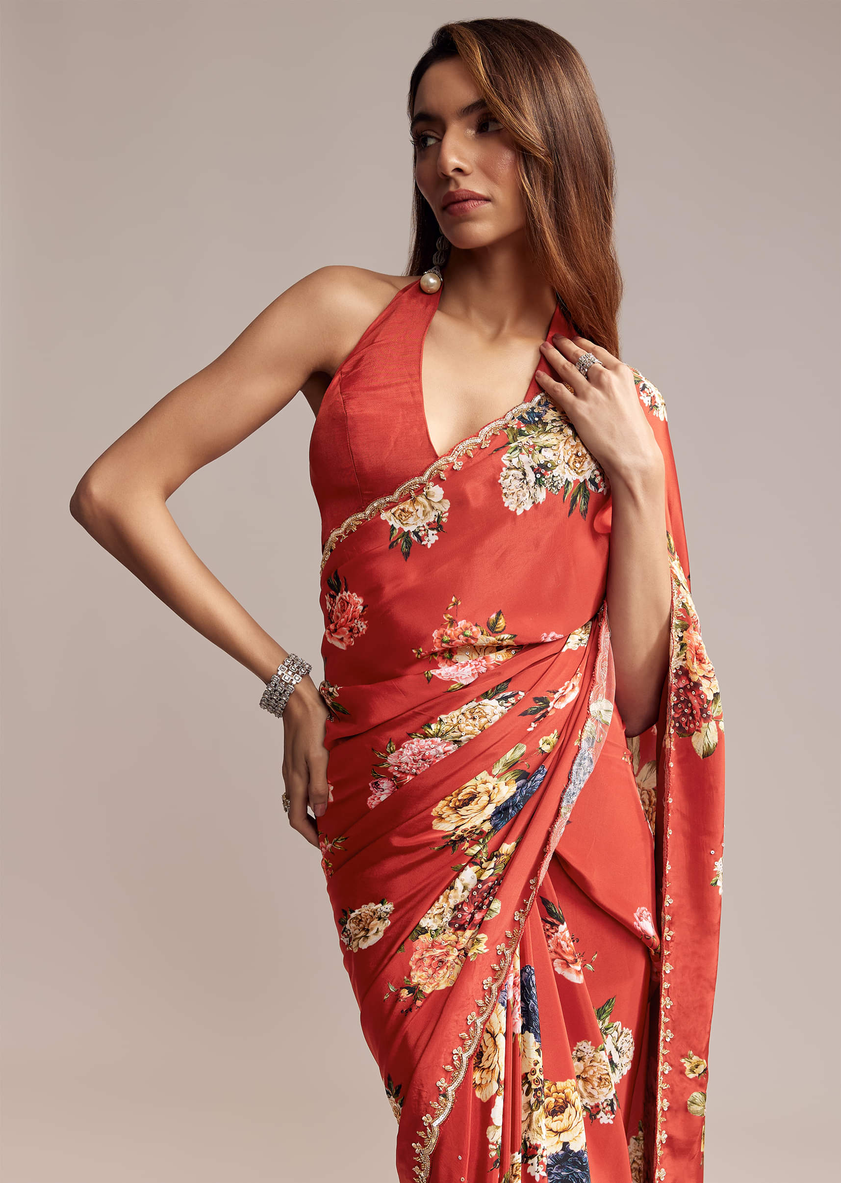 Red Crepe Saree With Floral Print Cutdana Embroidery