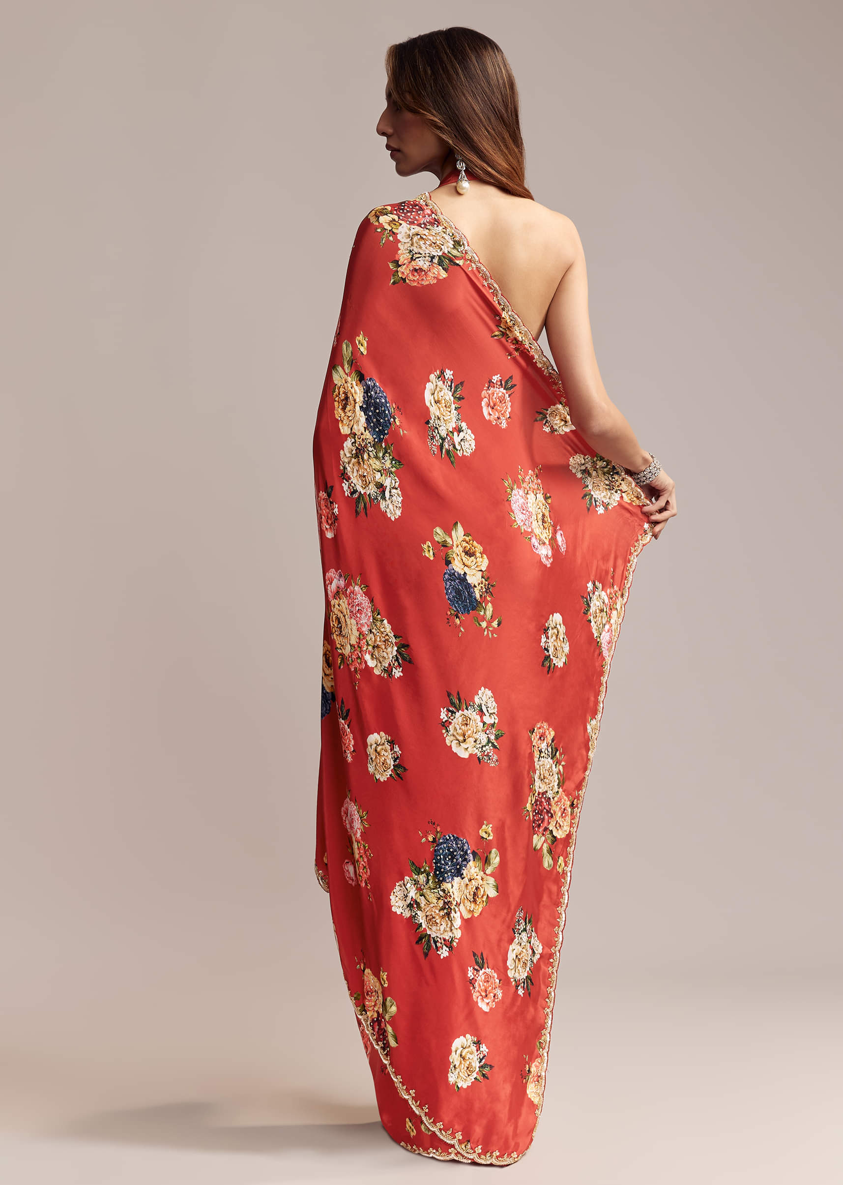 Red Crepe Saree With Floral Print Cutdana Embroidery