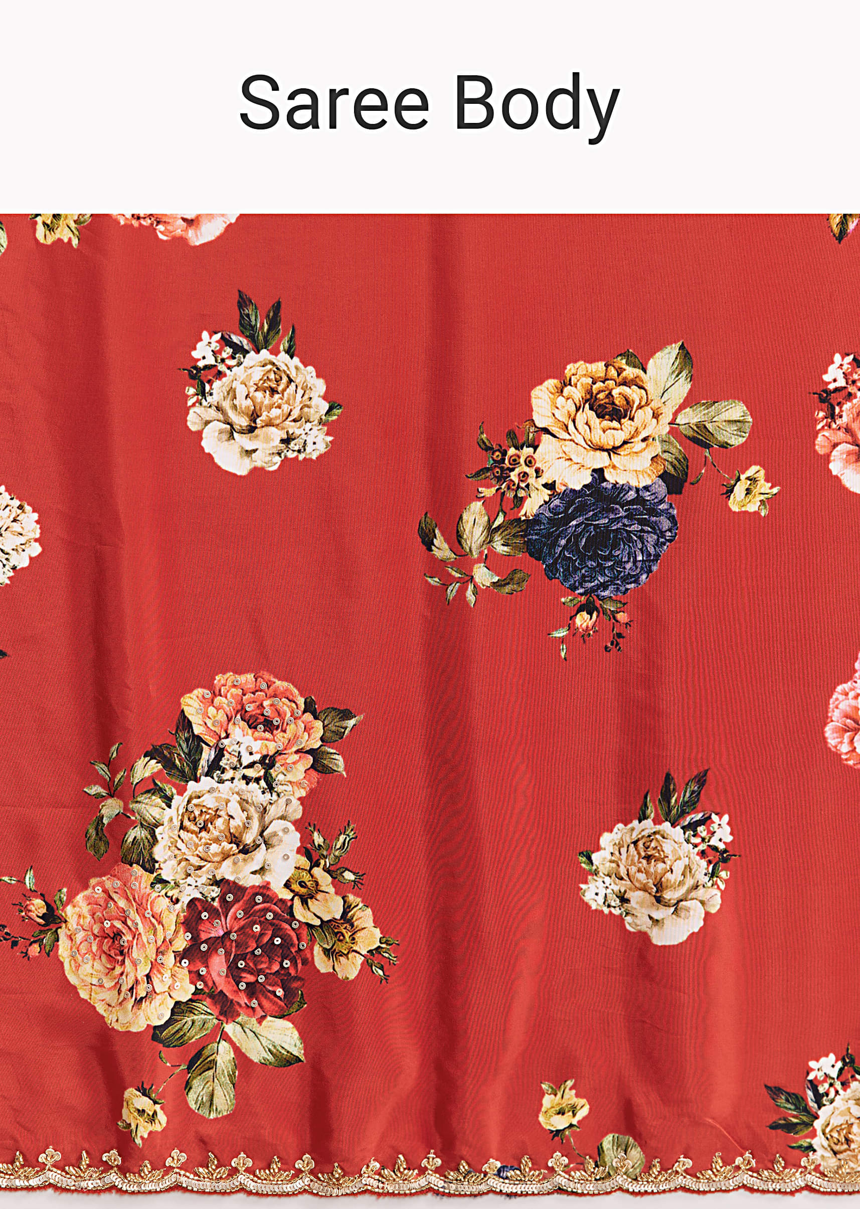 Red Crepe Saree With Floral Print Cutdana Embroidery