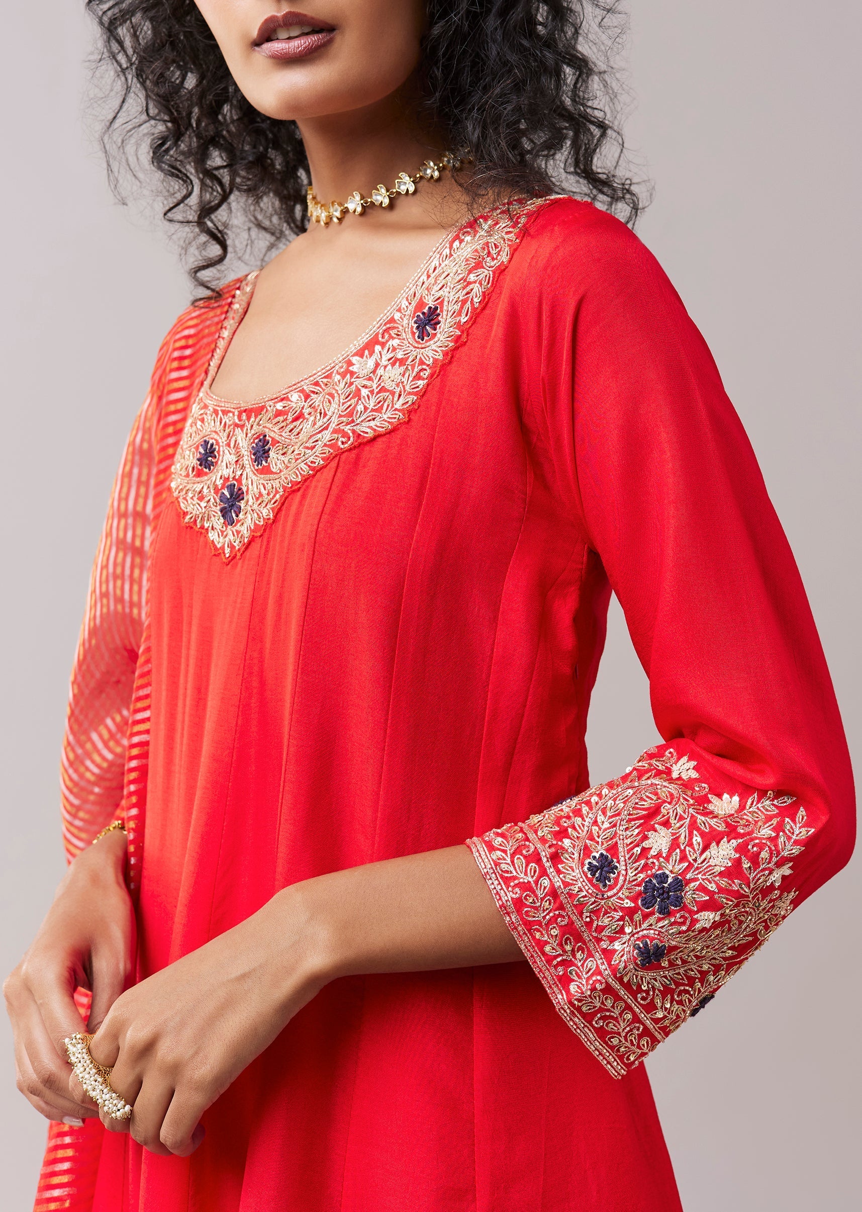 Red Silk Cutdana Work Anarkali Set