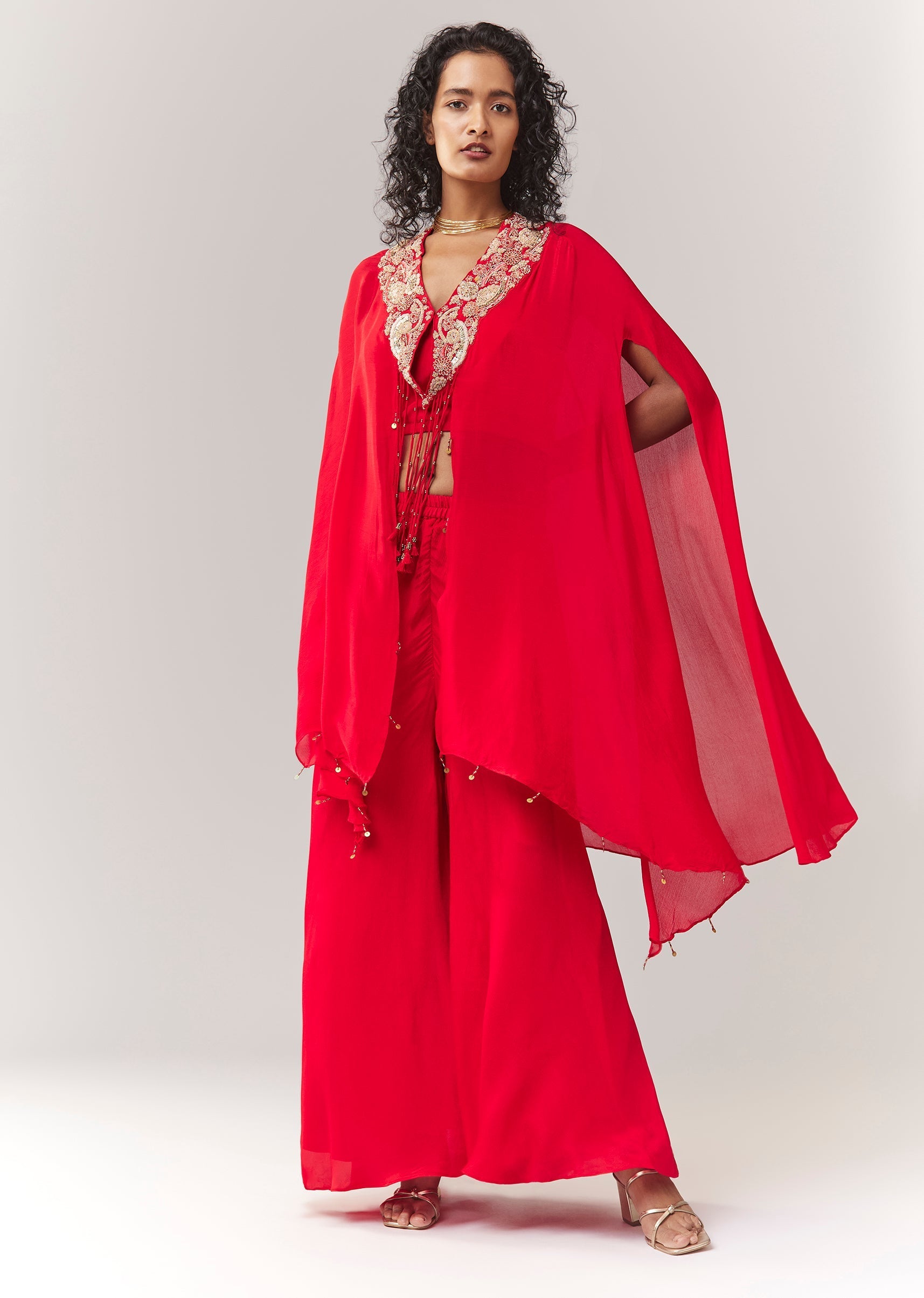 Red Zardosi And Moti Cape Set With Palazzo