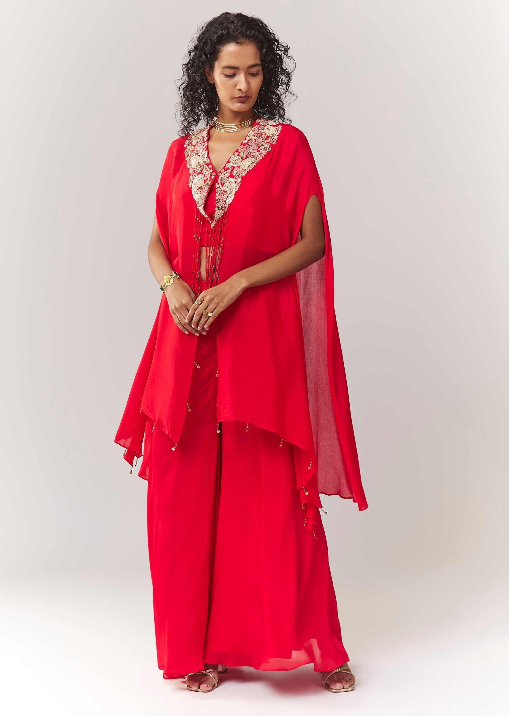 Red Zardosi And Moti Cape Set With Palazzo