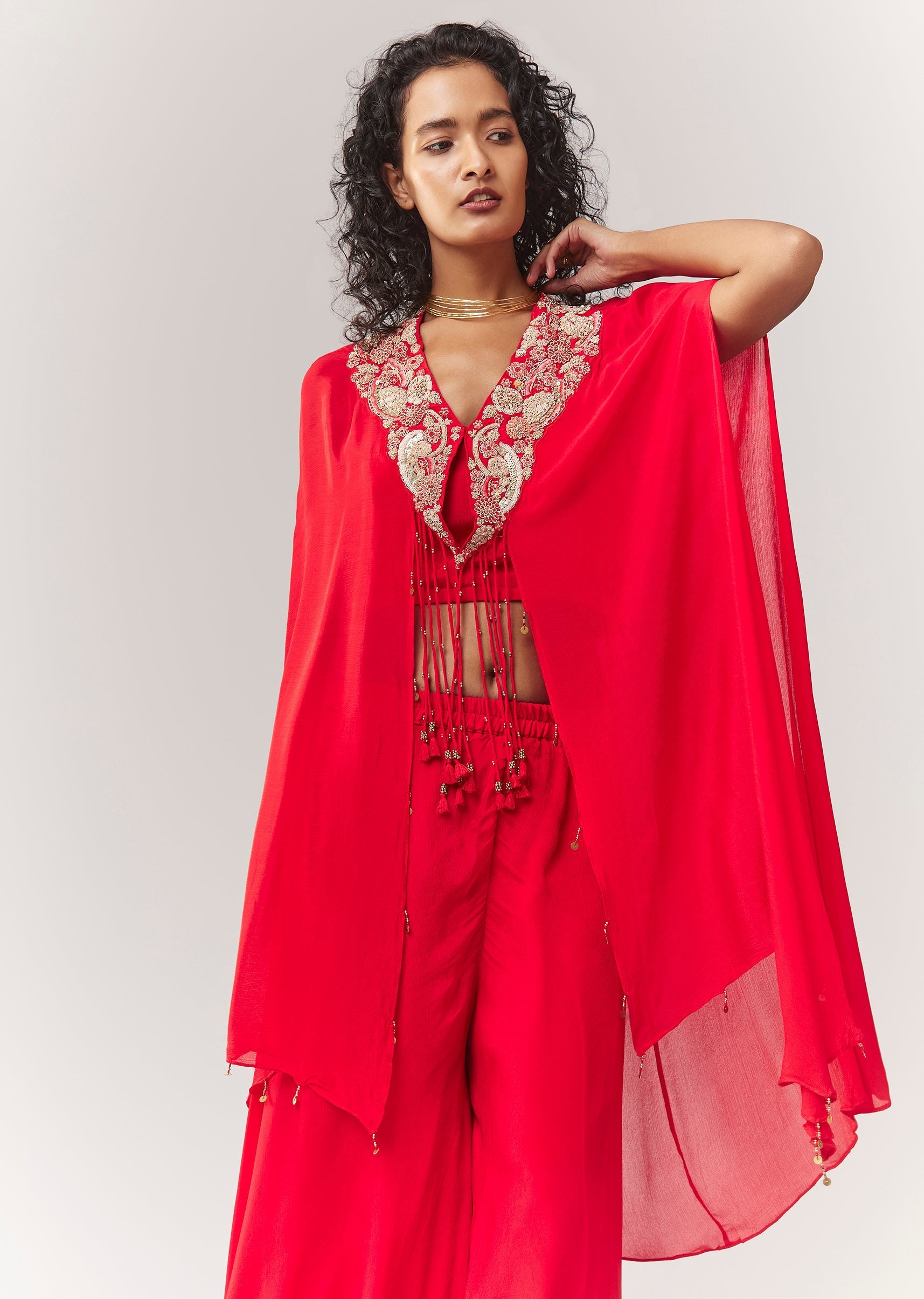 Red Zardosi And Moti Cape Set With Palazzo