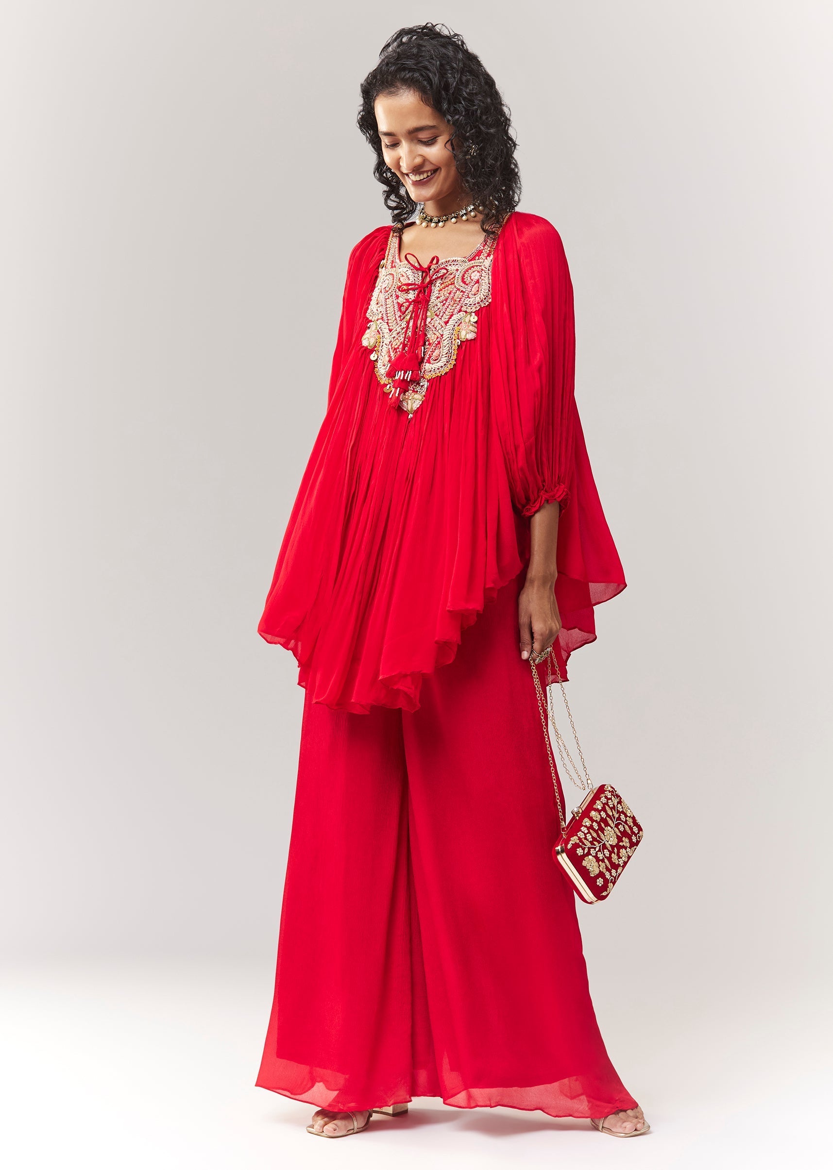 Red Zardosi And Thread Work A line Cape Set With Palazzo