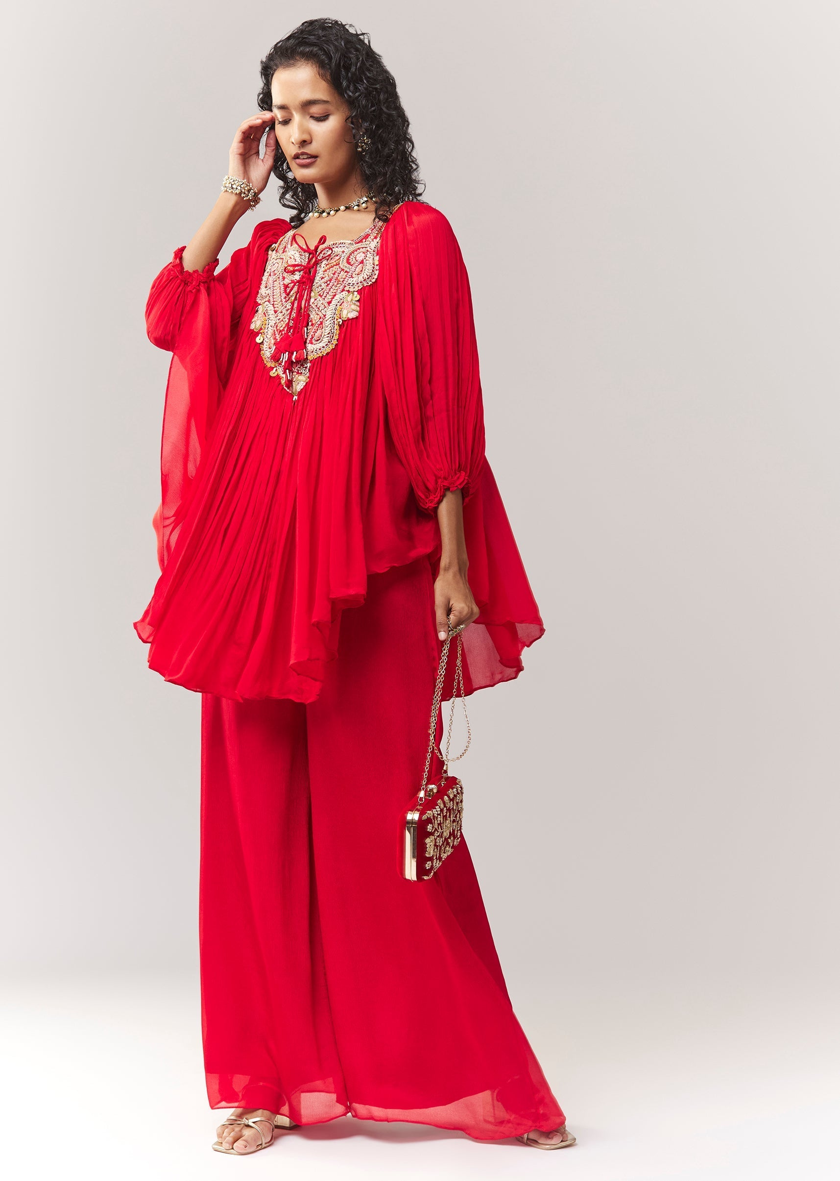 Red Zardosi And Thread Work A line Cape Set With Palazzo