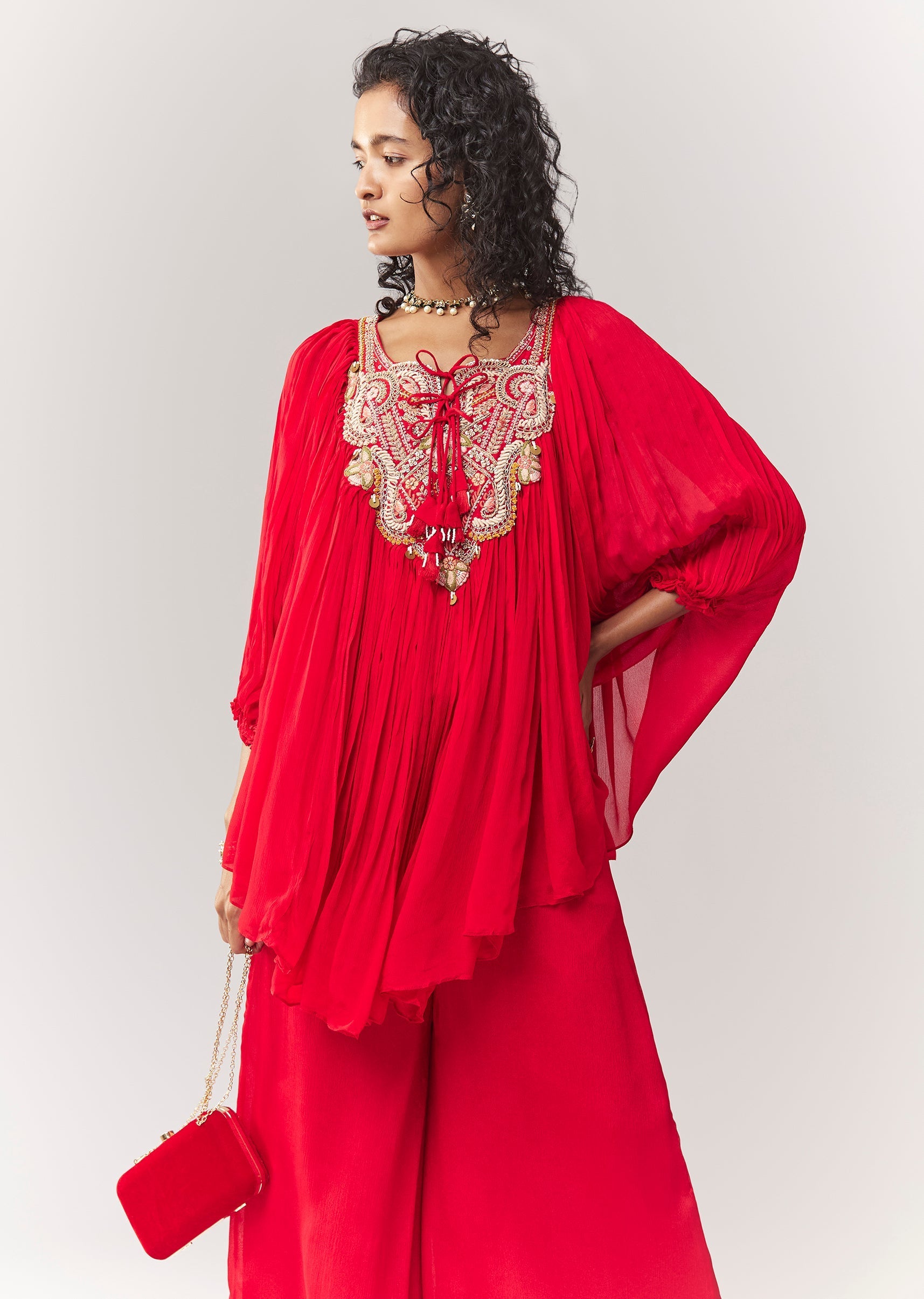 Red Zardosi And Thread Work A line Cape Set With Palazzo