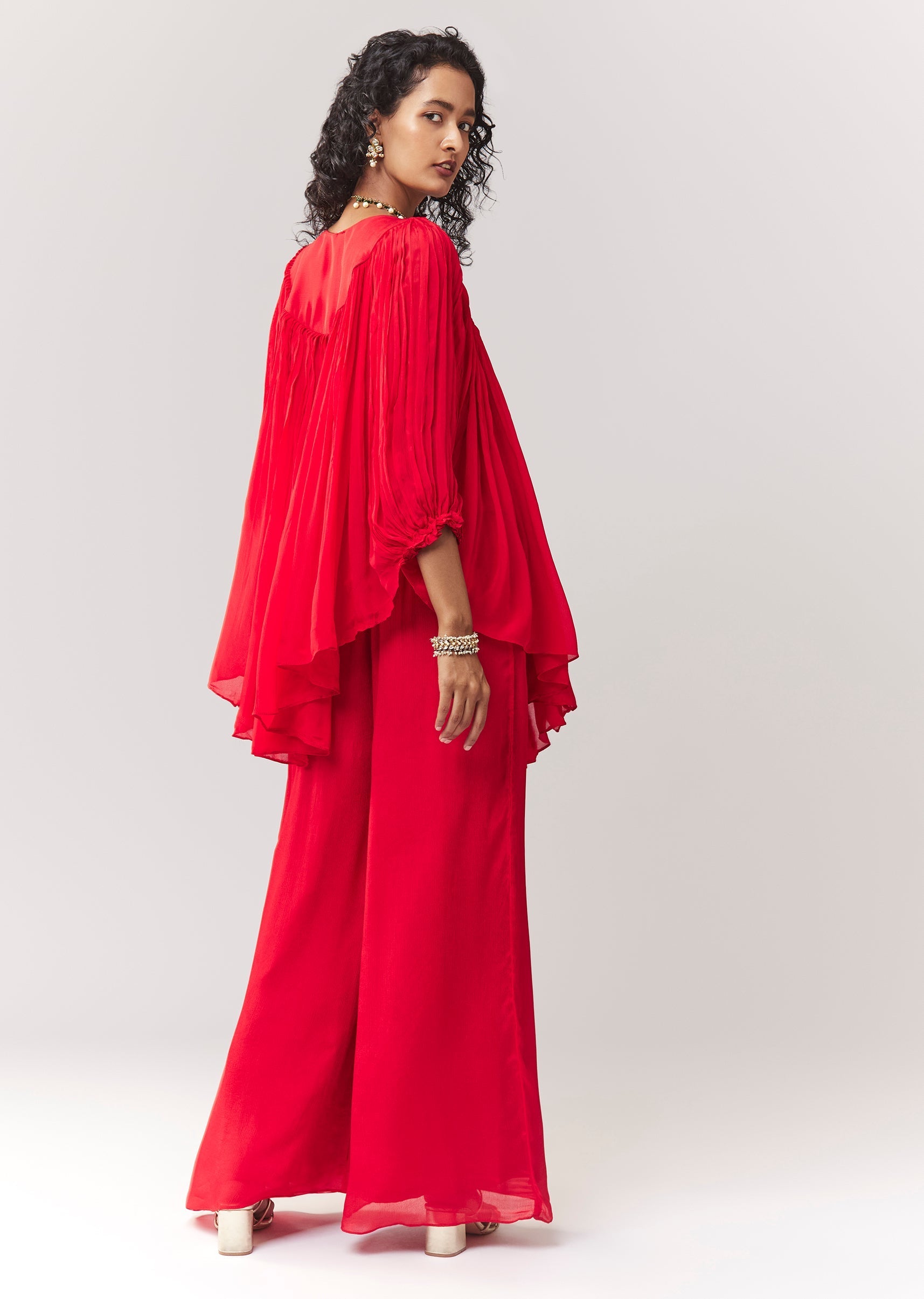 Red Zardosi And Thread Work A line Cape Set With Palazzo