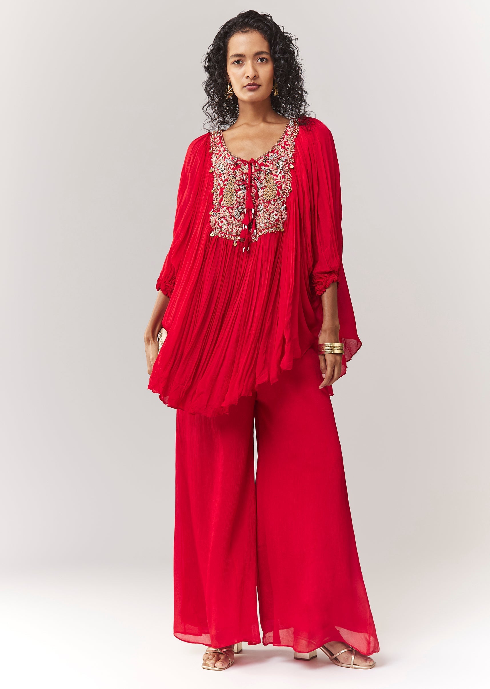 Red Zardosi And Thread Work Cape Set With Palazzo