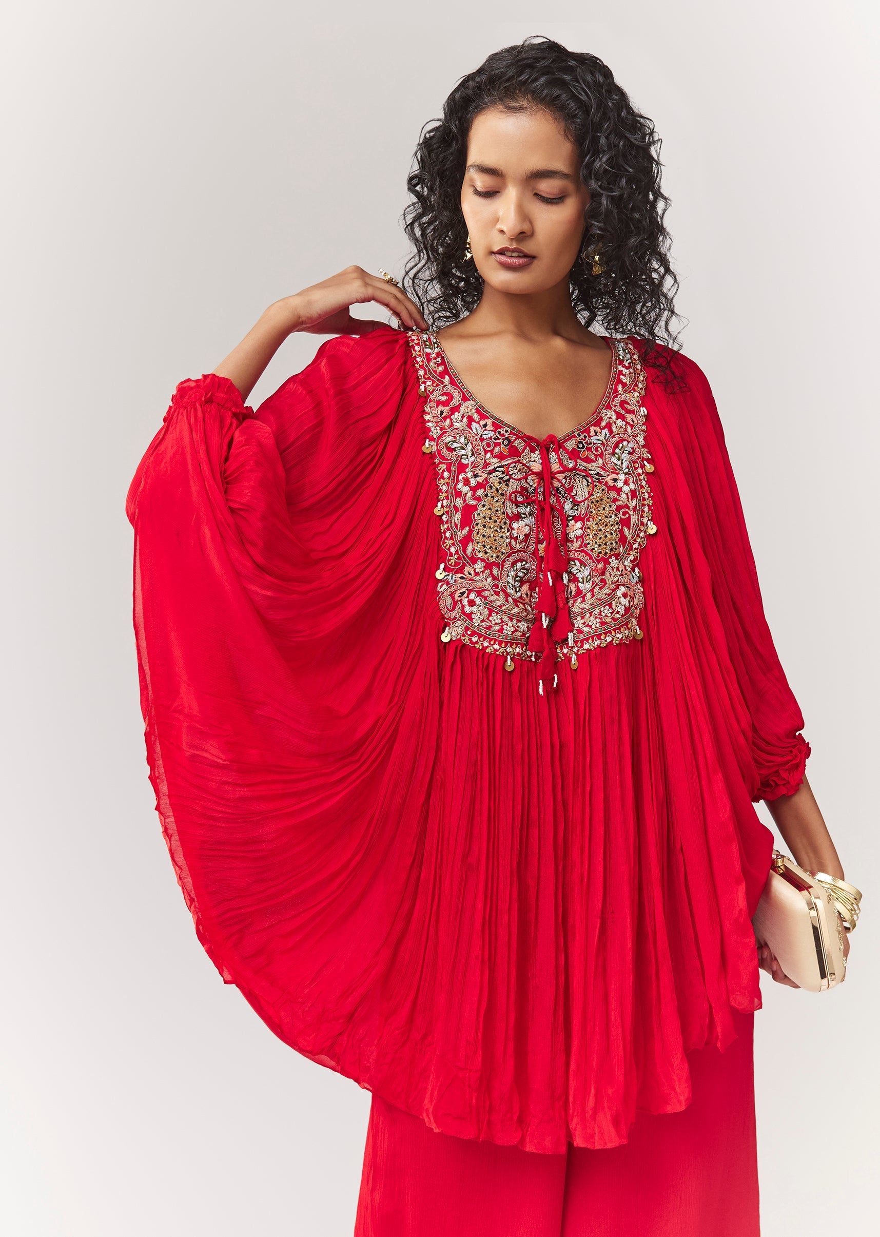 Red Zardosi And Thread Work Cape Set With Palazzo
