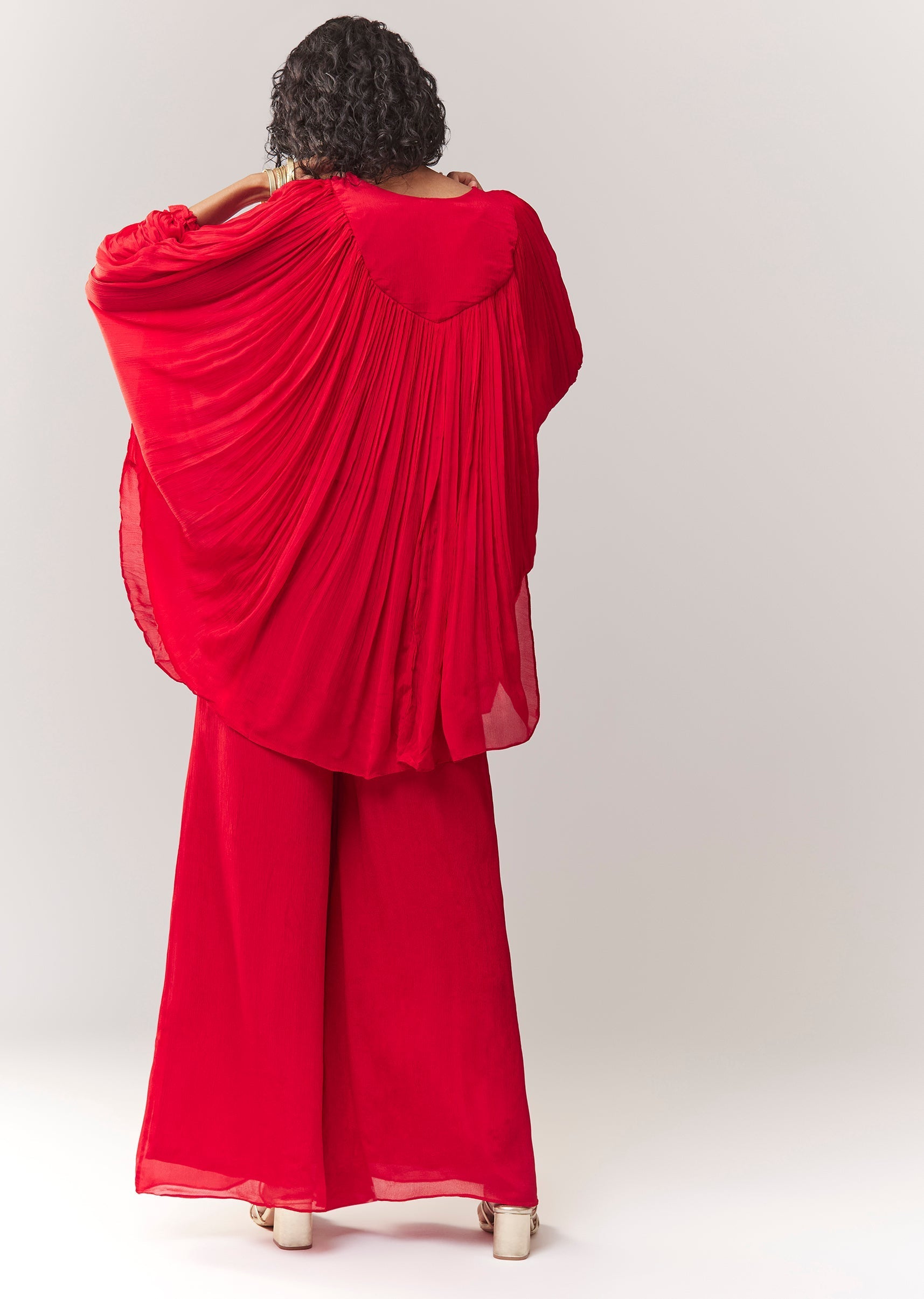 Red Zardosi And Thread Work Cape Set With Palazzo