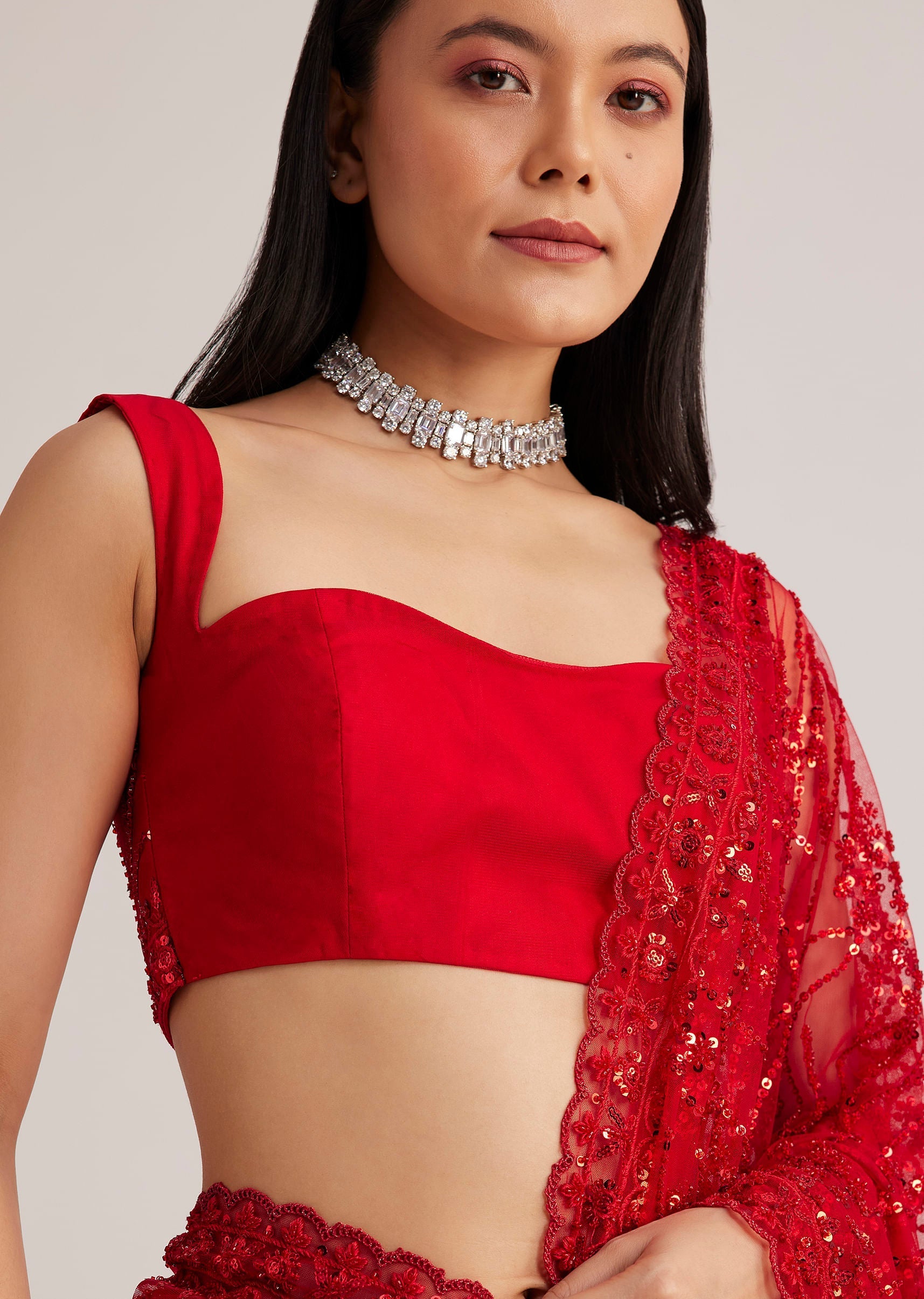 Red Net Saree With Sequins And Stone Detailing