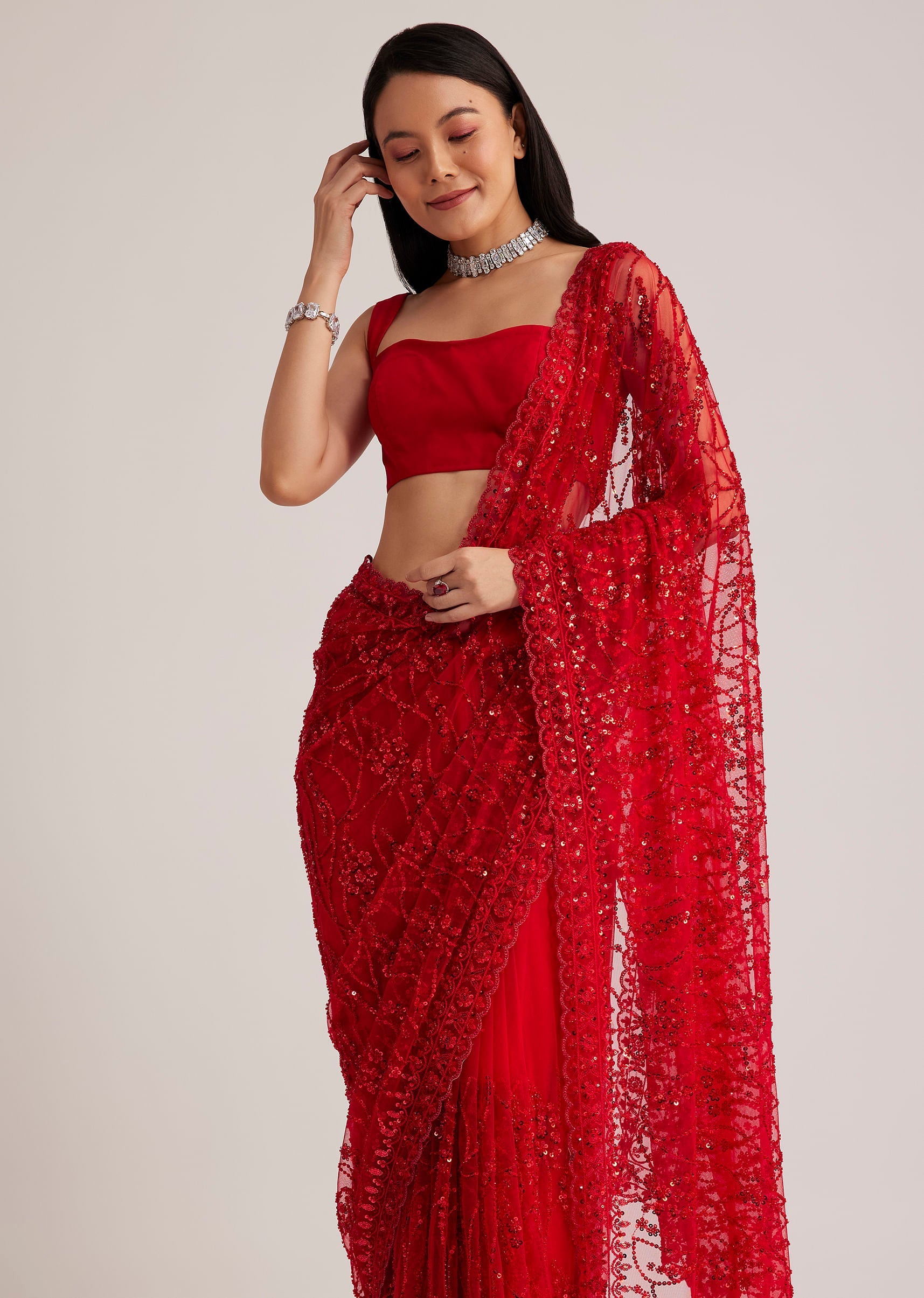 Red Net Saree With Sequins And Stone Detailing