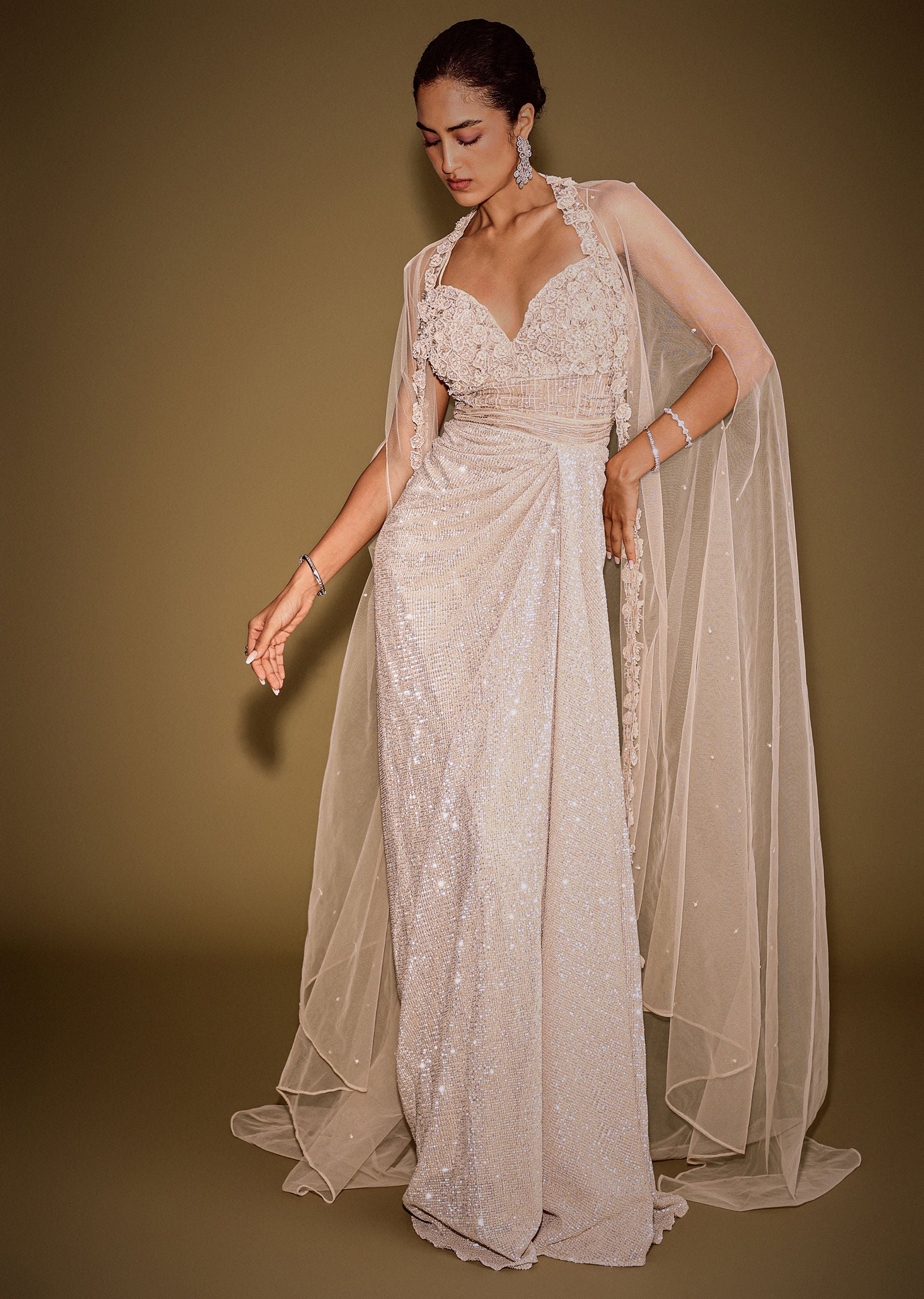 Rose Gold Shimmer Corset Gown With And Embellished Cape
