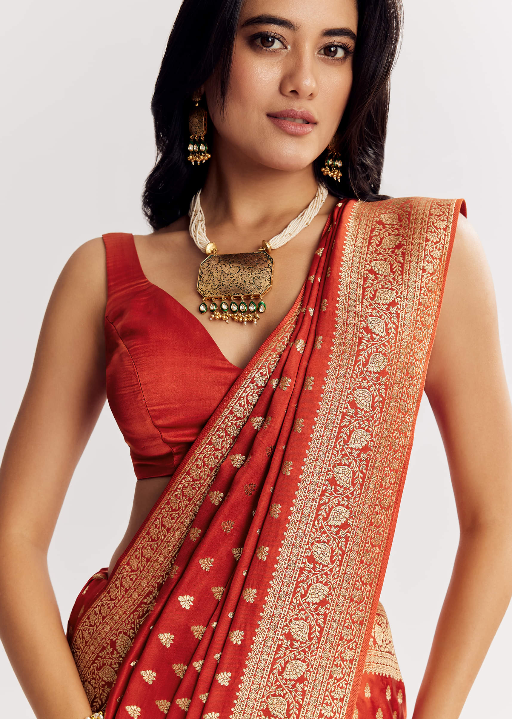 Rust Orange Dola Silk Saree With Butti And Woven Border