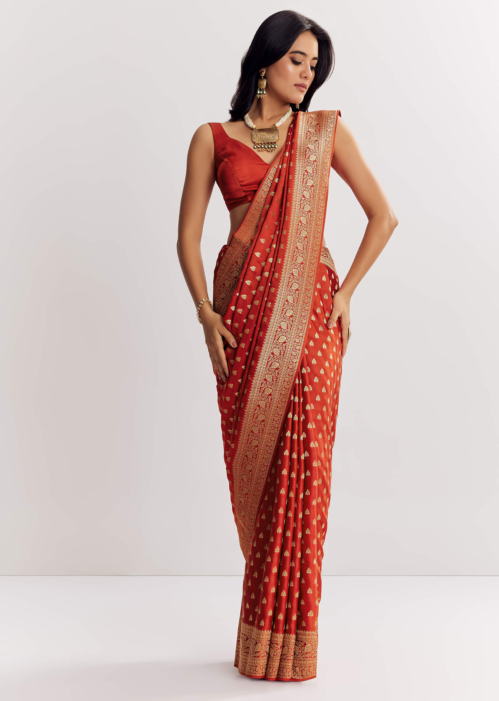 Rust Orange Dola Silk Saree With Butti And Woven Border