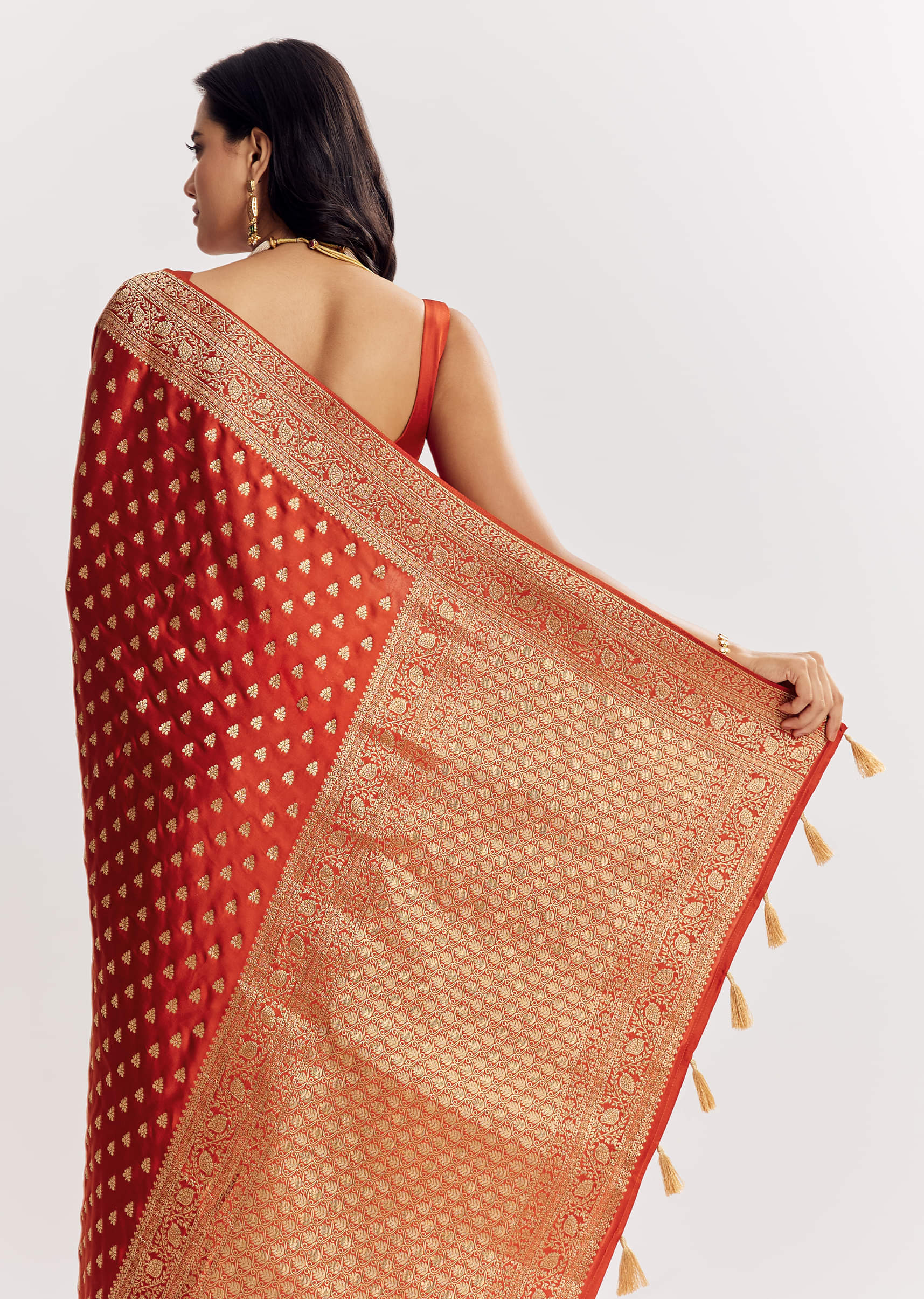 Rust Orange Dola Silk Saree With Butti And Woven Border