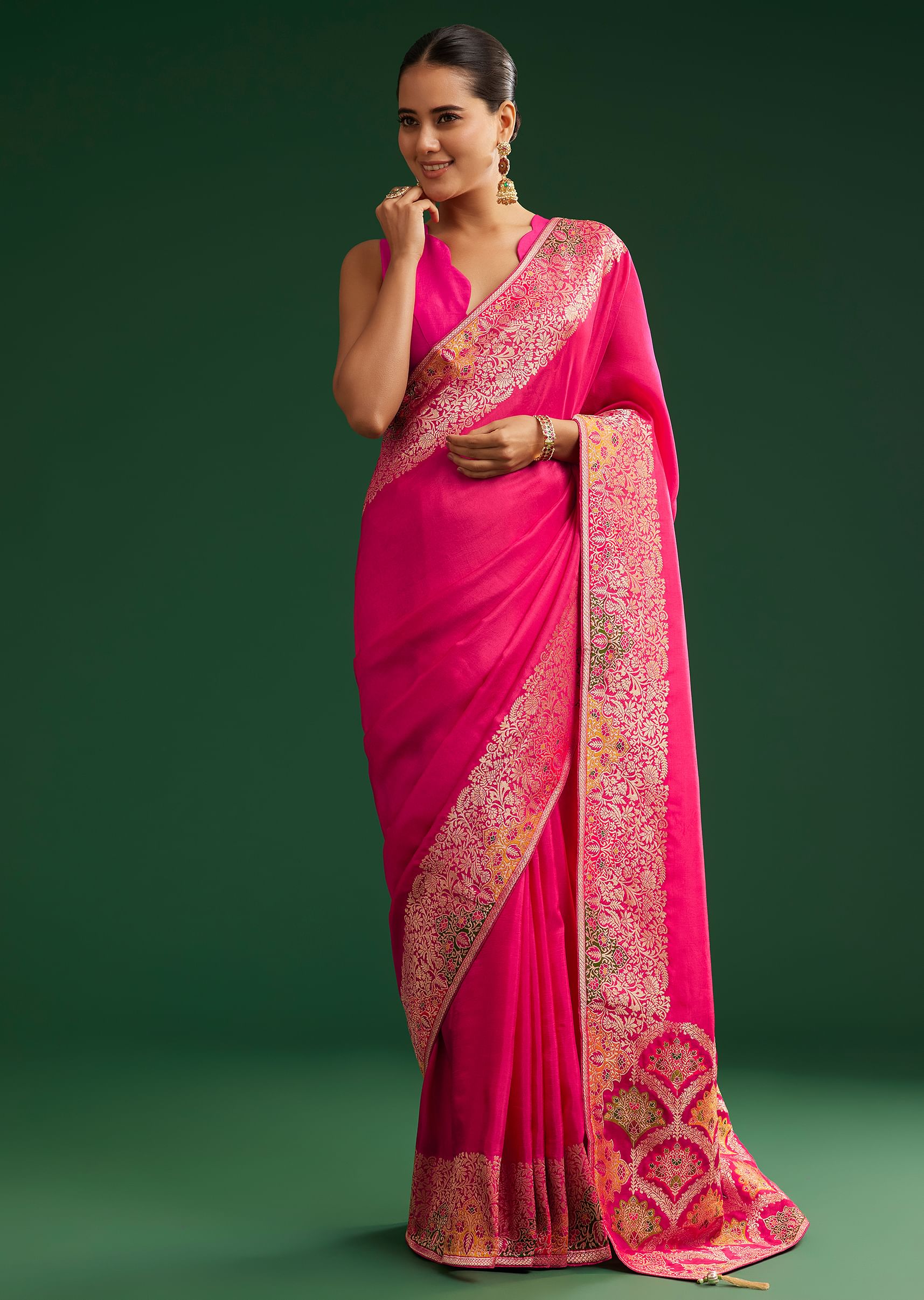 Rani Pink Dola Silk Saree With Zari Detailing