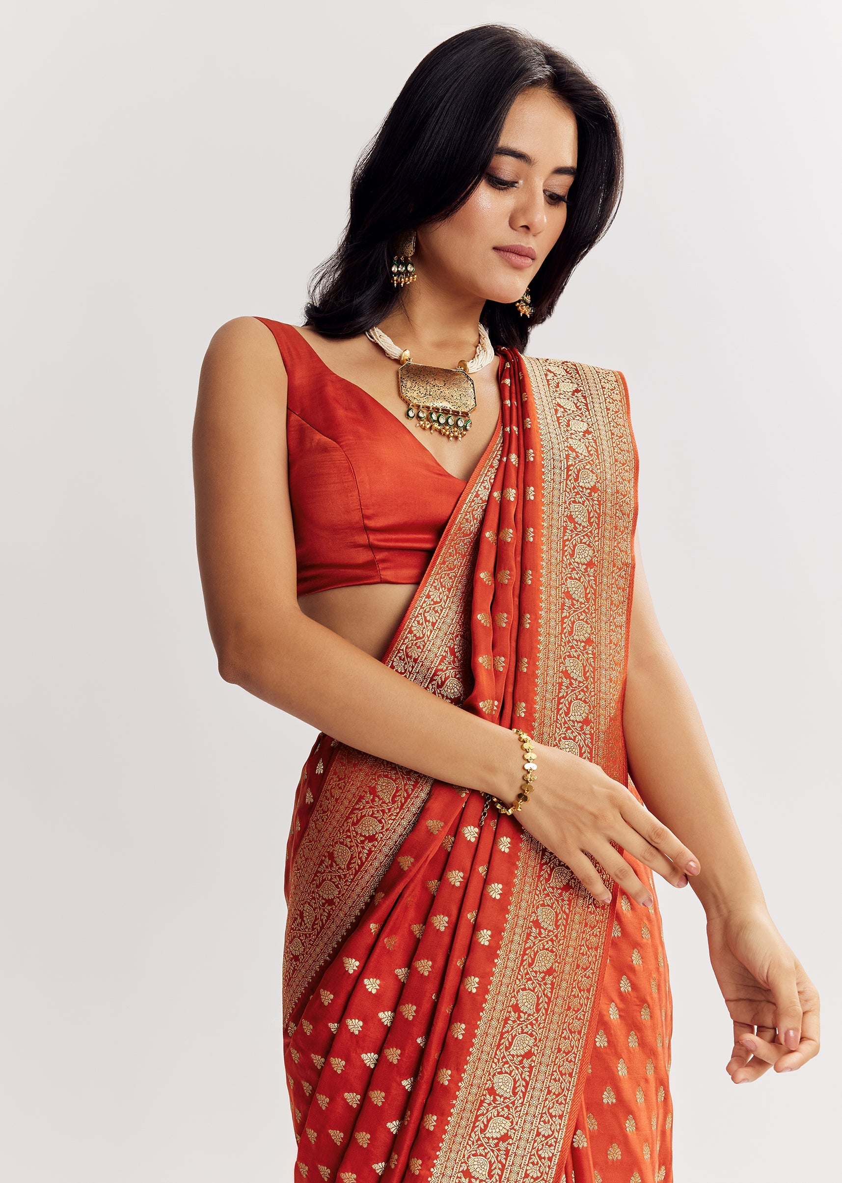 Rust Orange Dola Silk Saree With Butti And Woven Border