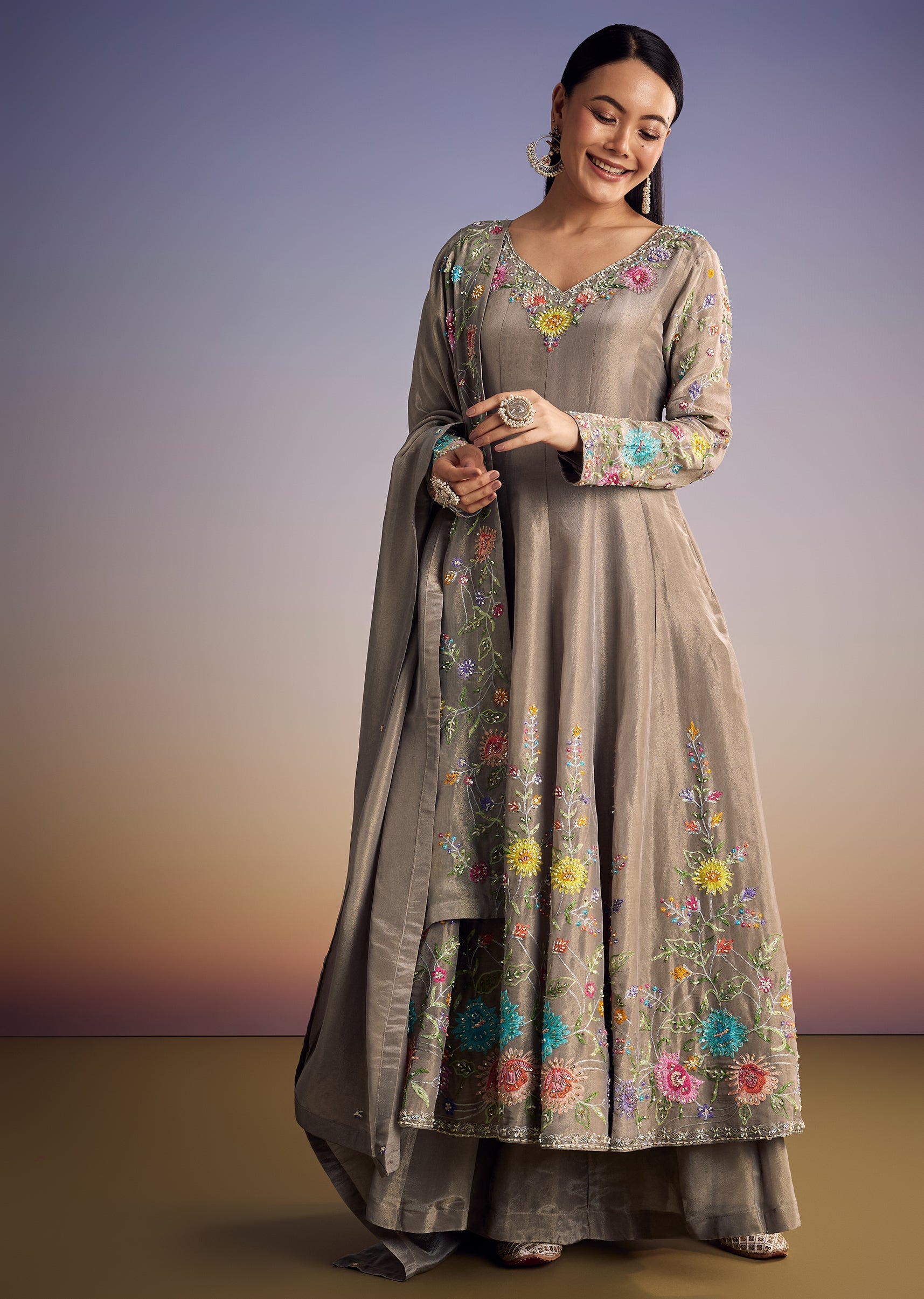 Grey Tissue Anarkali Set With Resham And Moti Work