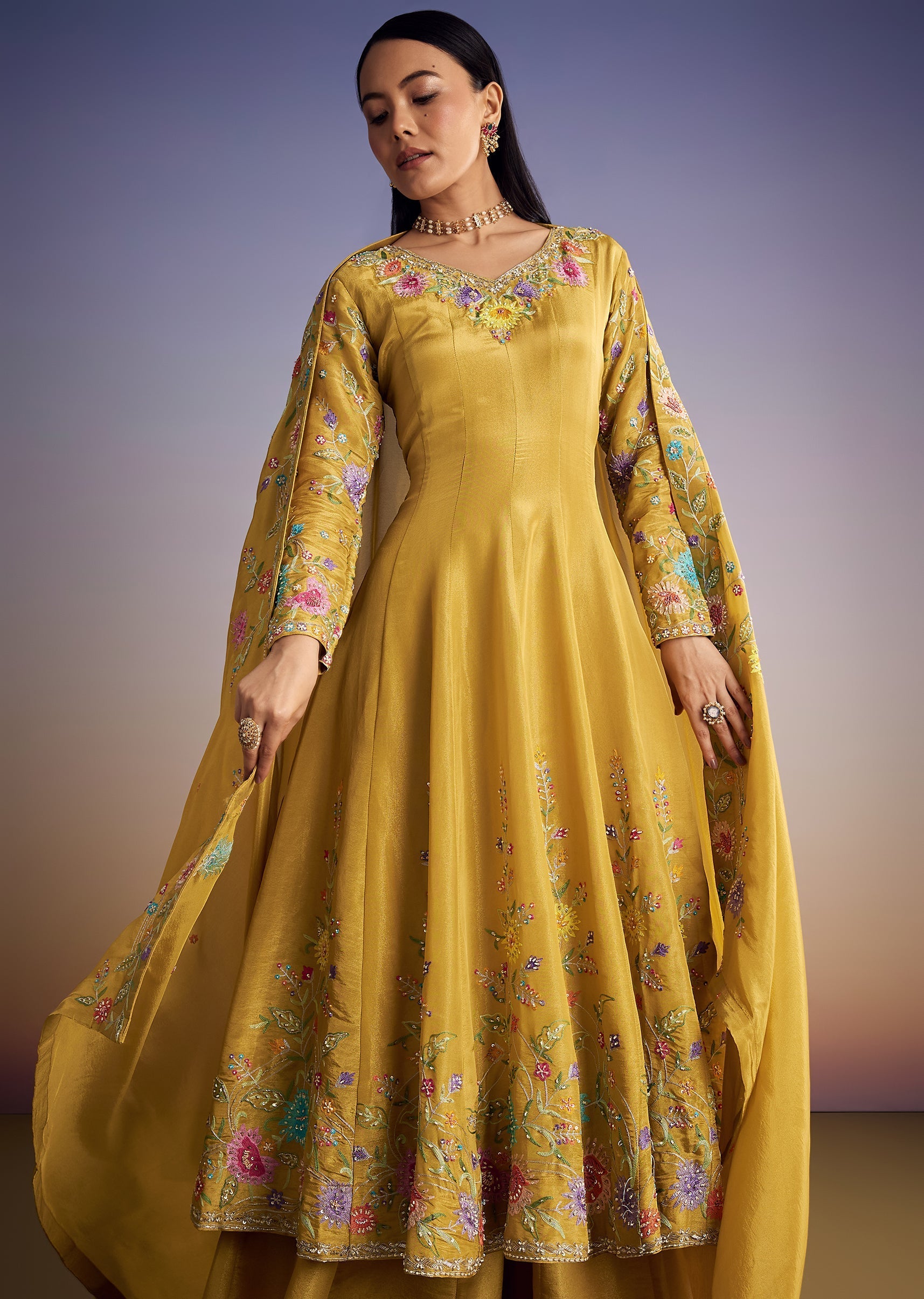 Yellow Tissue Anarkali Set With Resham And Moti Work