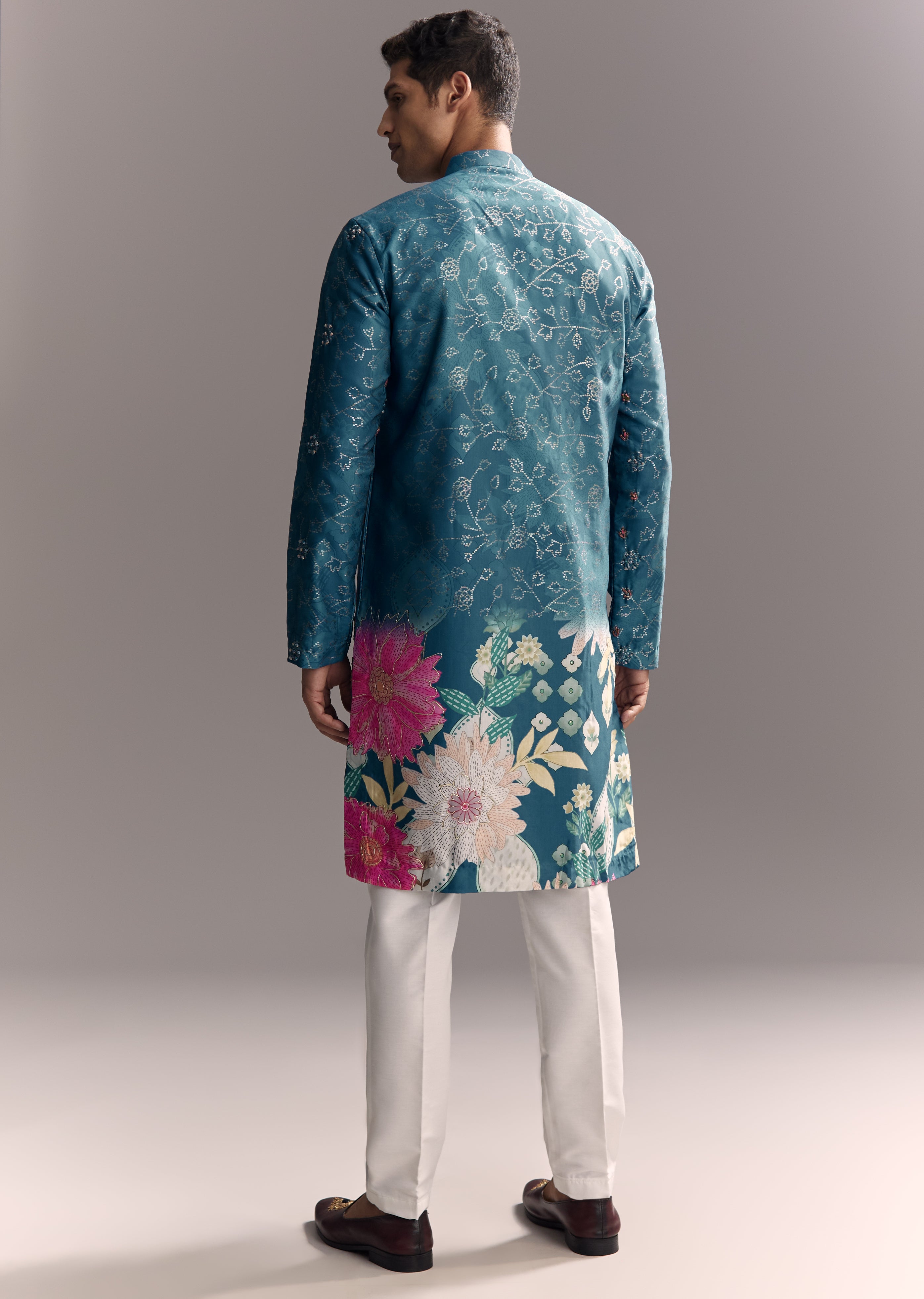 Festive Couple Set – Pink Embellished Cape Palazzo Set for Her And Blue Silk Kurta Set with Resham Embroidery for Him