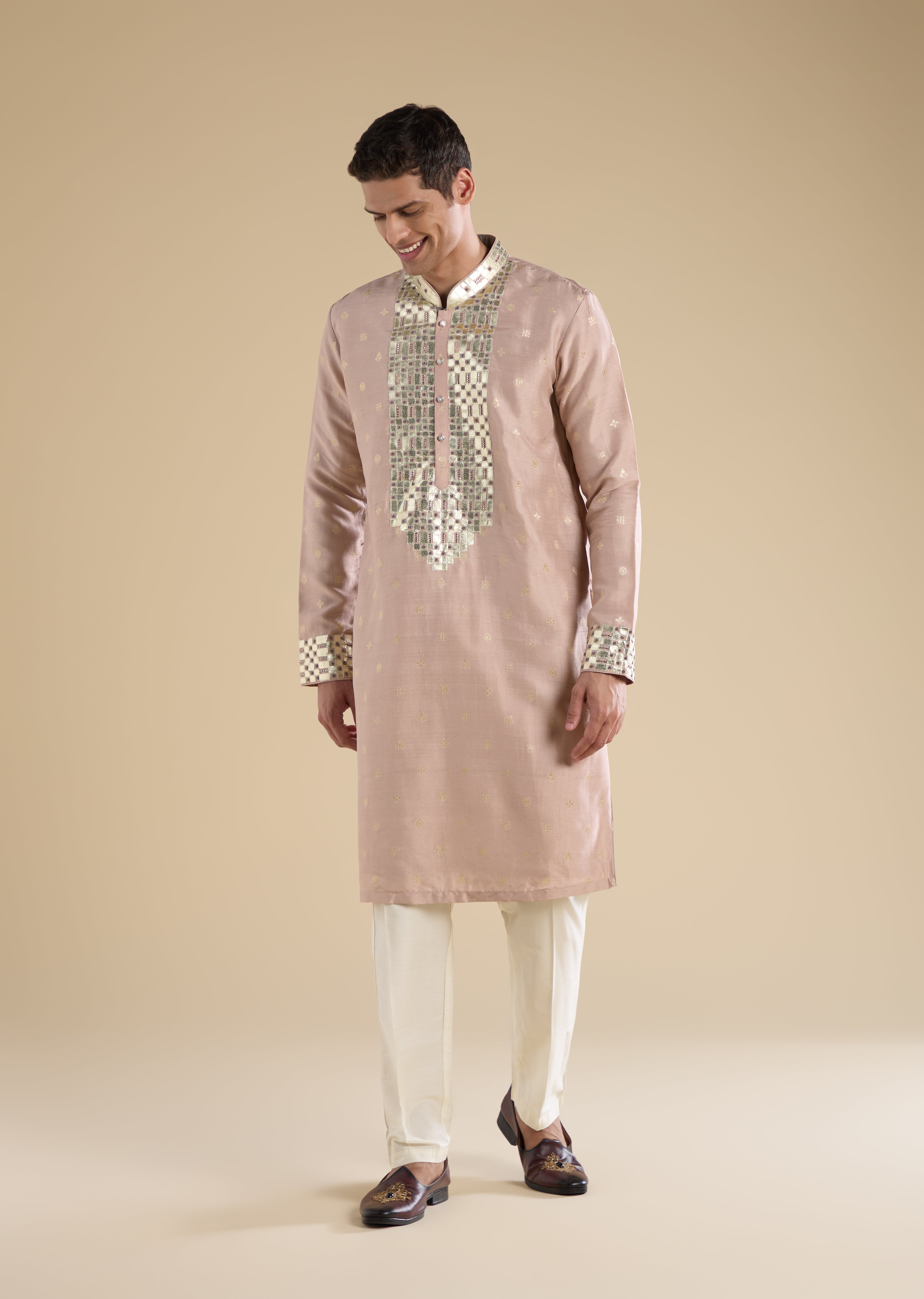 Soft Shimmer Pastel Couple Set – Beige Sequinned Sleeveless Kurta Palazzo Set with Dupatta for Her And Lilac Embellished Rawsilk Kurta Set for Him