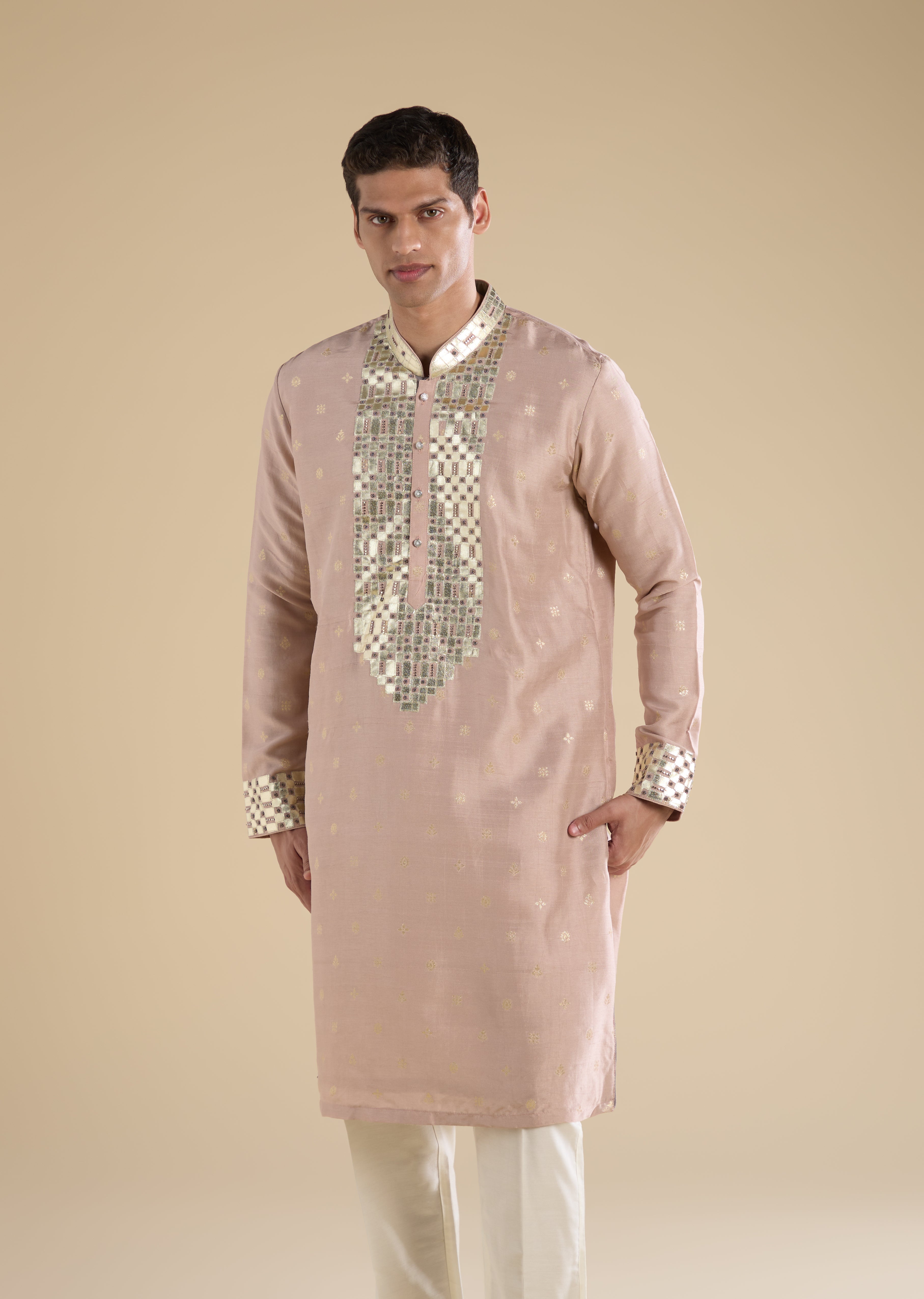 Soft Shimmer Pastel Couple Set – Beige Sequinned Sleeveless Kurta Palazzo Set with Dupatta for Her And Lilac Embellished Rawsilk Kurta Set for Him