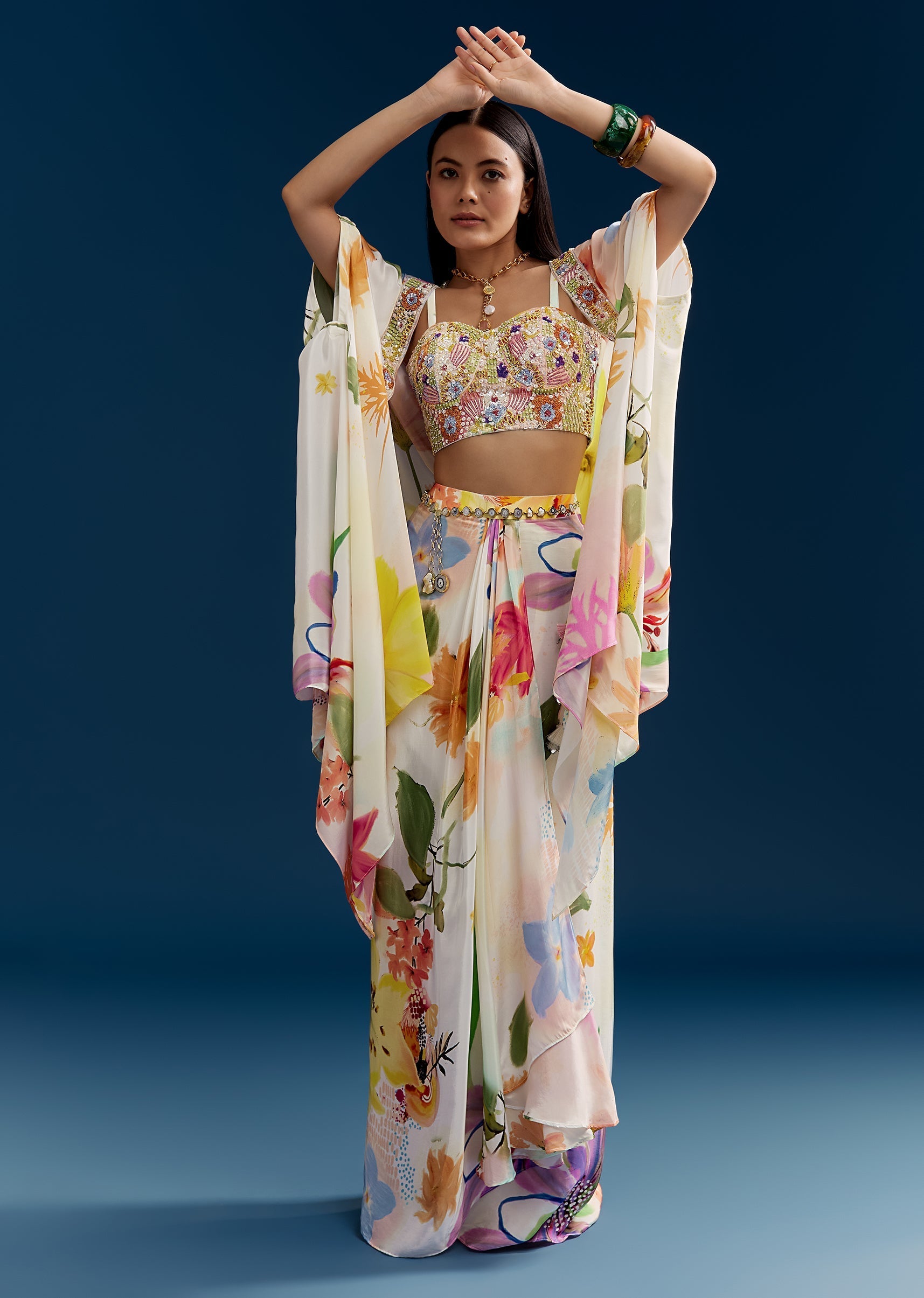 Floral Festive Couple Set – Cream Crop Top Skirt Set With Embroidered Cape For Her And Off-White Palazzo Kurta Set For Him