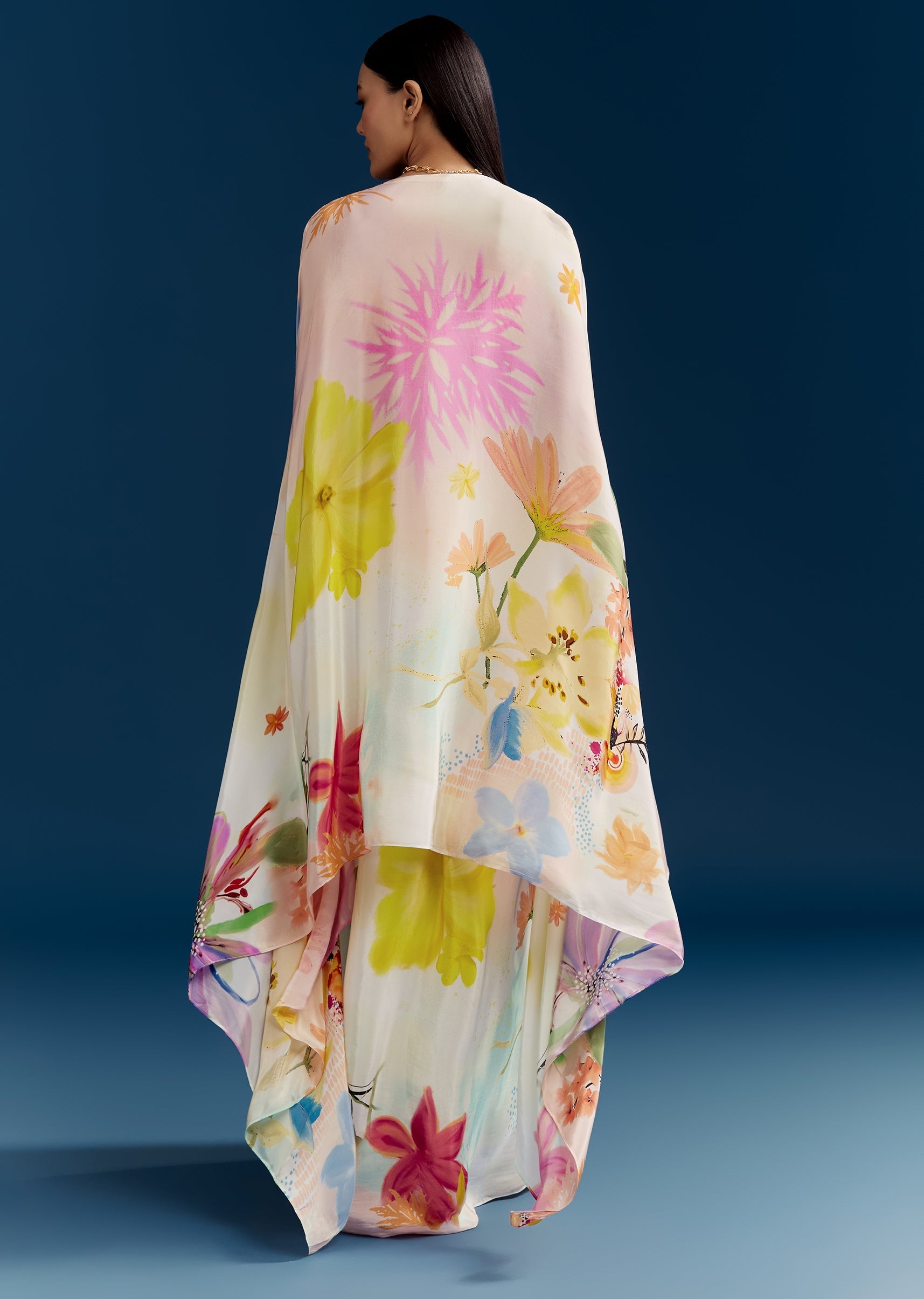 Floral Festive Couple Set – Cream Crop Top Skirt Set With Embroidered Cape For Her And Off-White Palazzo Kurta Set For Him