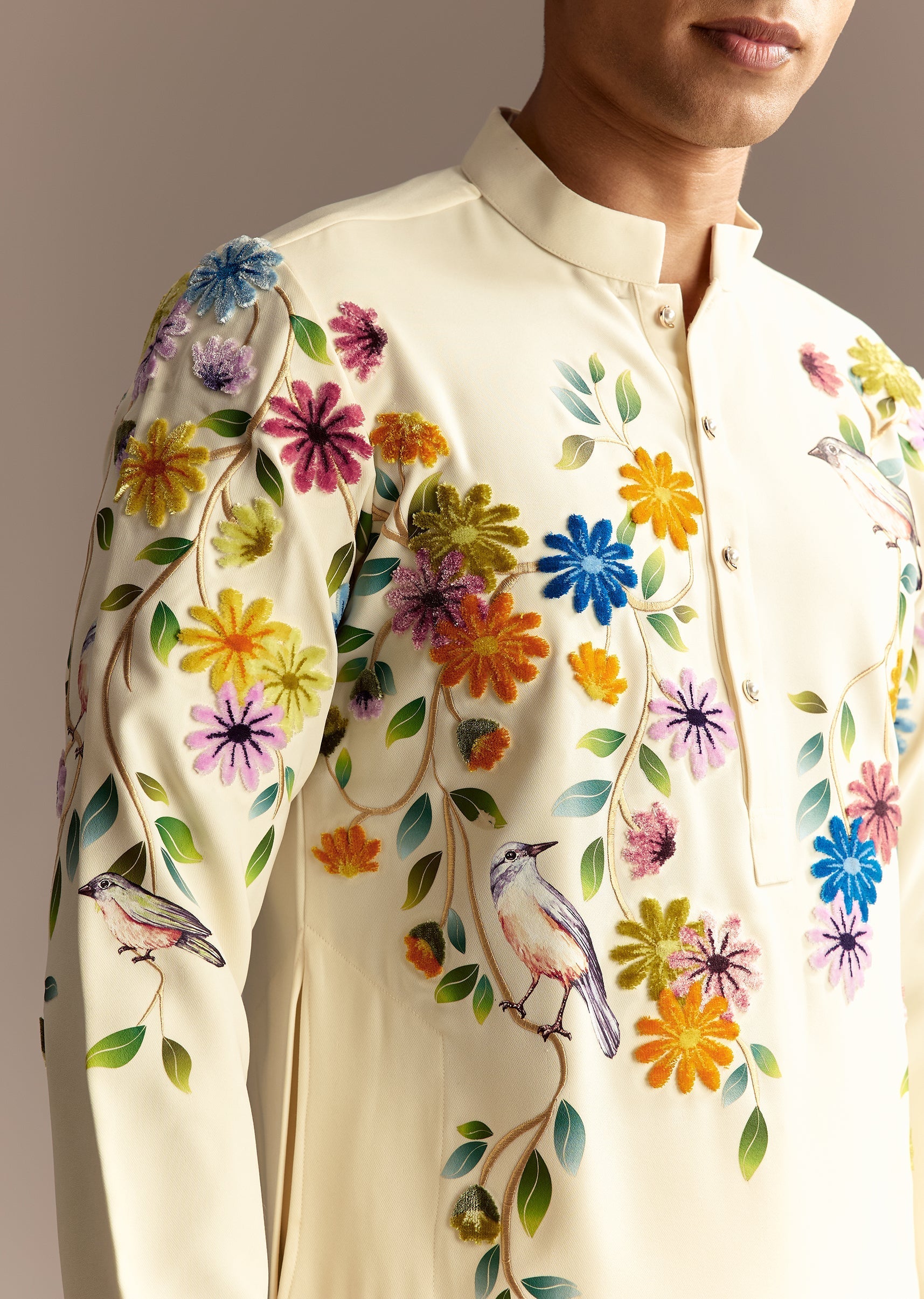 Floral Festive Couple Set – Cream Crop Top Skirt Set With Embroidered Cape For Her And Off-White Palazzo Kurta Set For Him