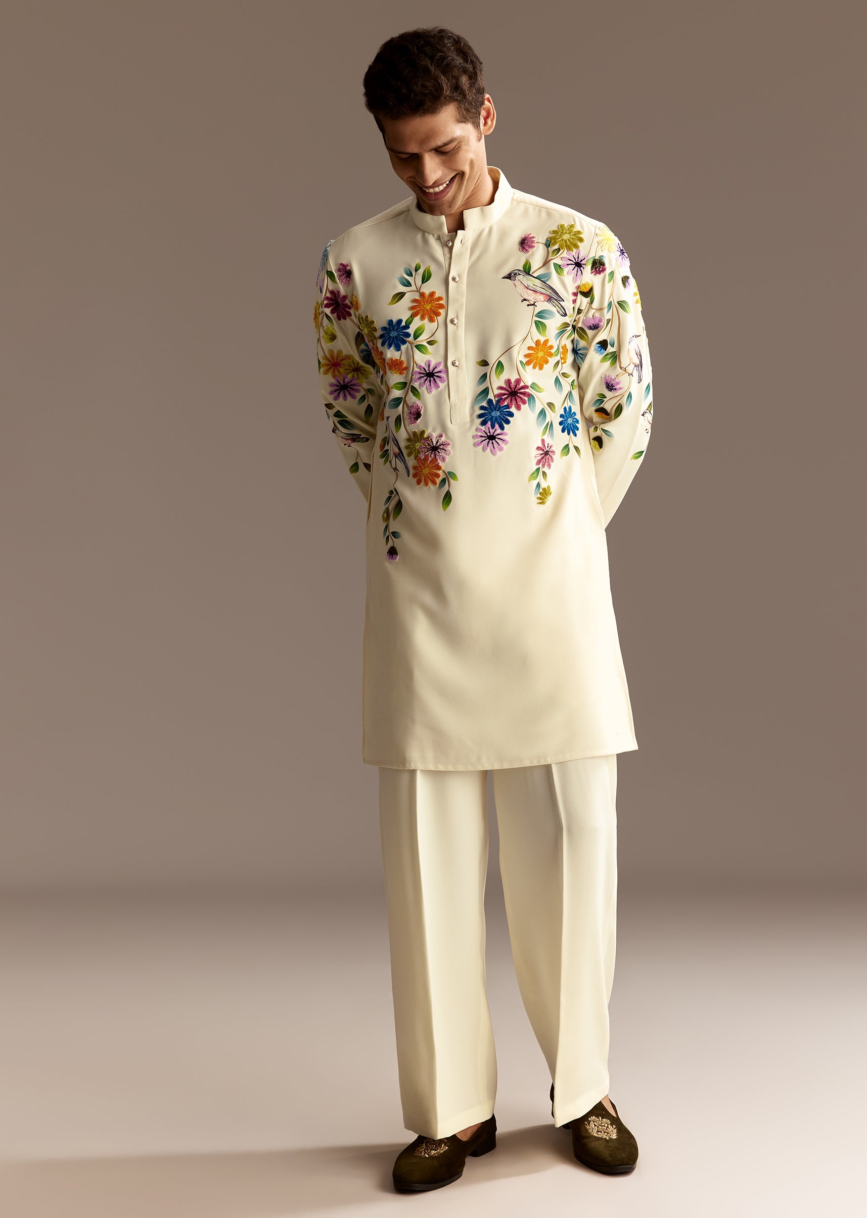 Floral Festive Couple Set – Cream Crop Top Skirt Set With Embroidered Cape For Her And Off-White Palazzo Kurta Set For Him