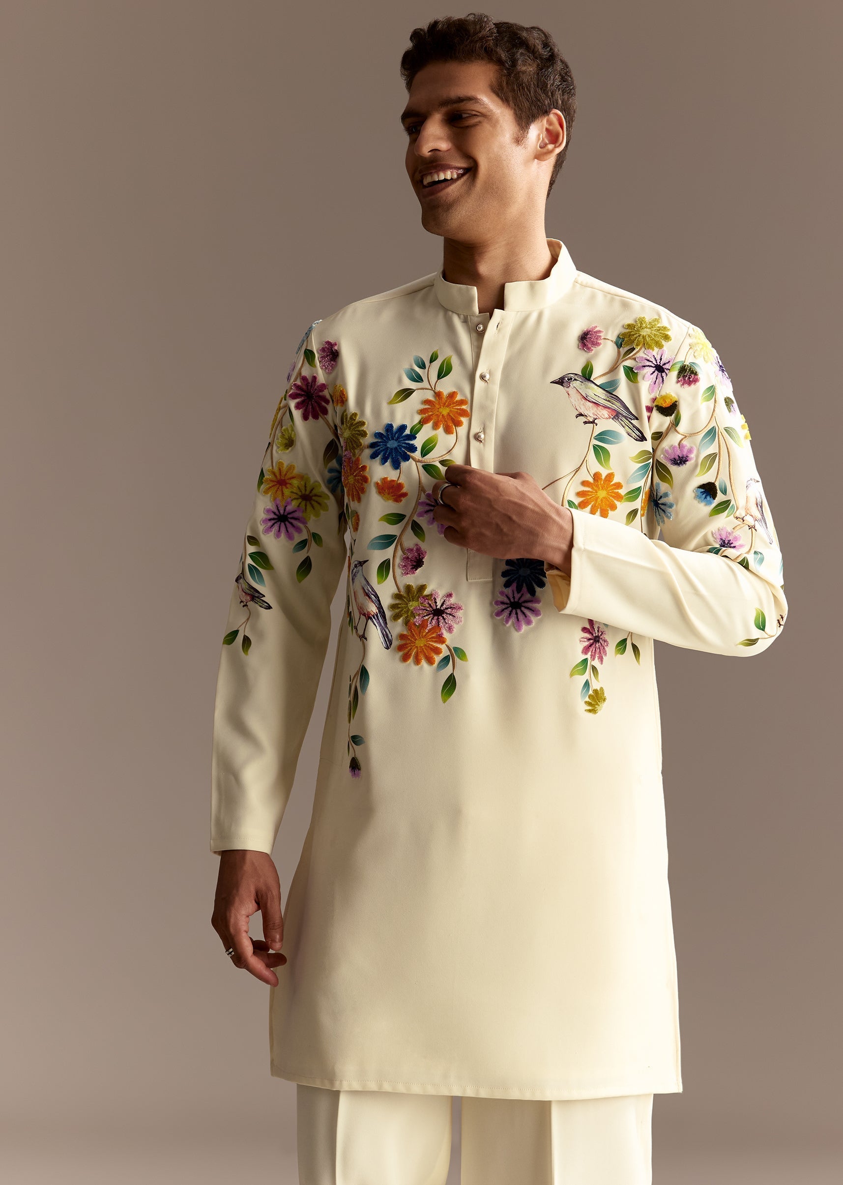 Floral Festive Couple Set – Cream Crop Top Skirt Set With Embroidered Cape For Her And Off-White Palazzo Kurta Set For Him