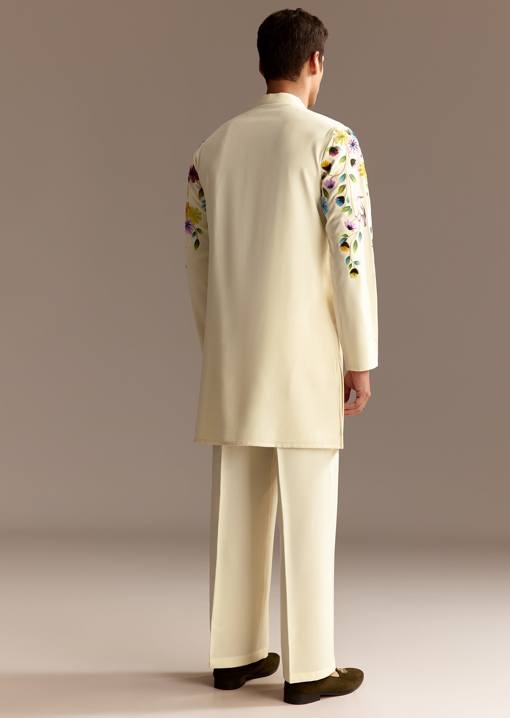 Floral Festive Couple Set – Cream Crop Top Skirt Set With Embroidered Cape For Her And Off-White Palazzo Kurta Set For Him