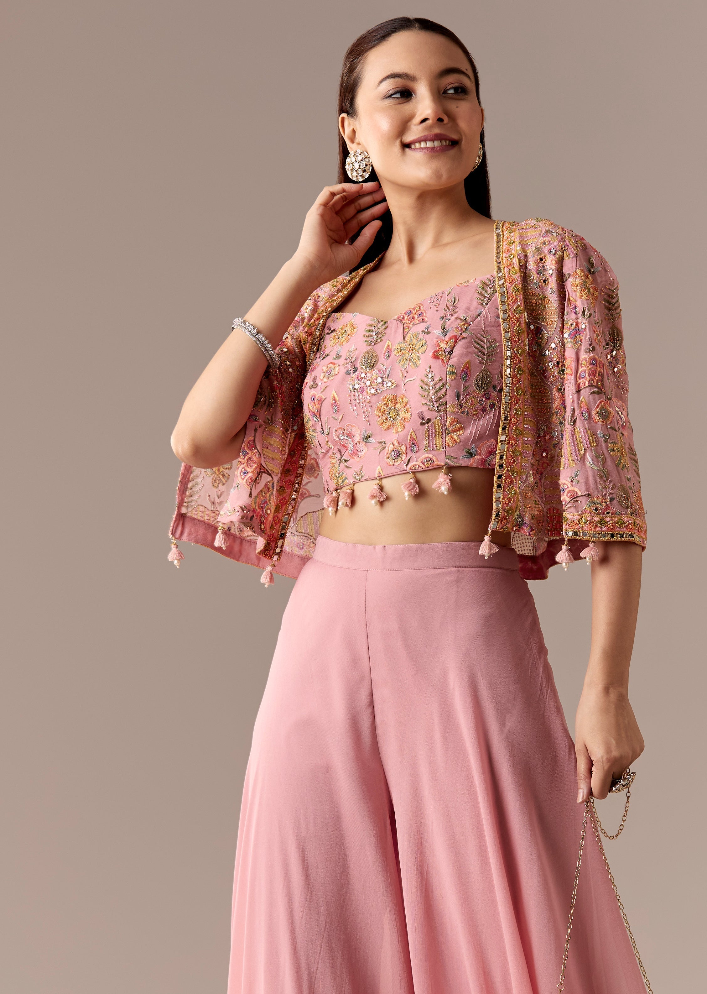 Festive Couple Set – Pink Embellished Cape Palazzo Set for Her And Blue Silk Kurta Set with Resham Embroidery for Him