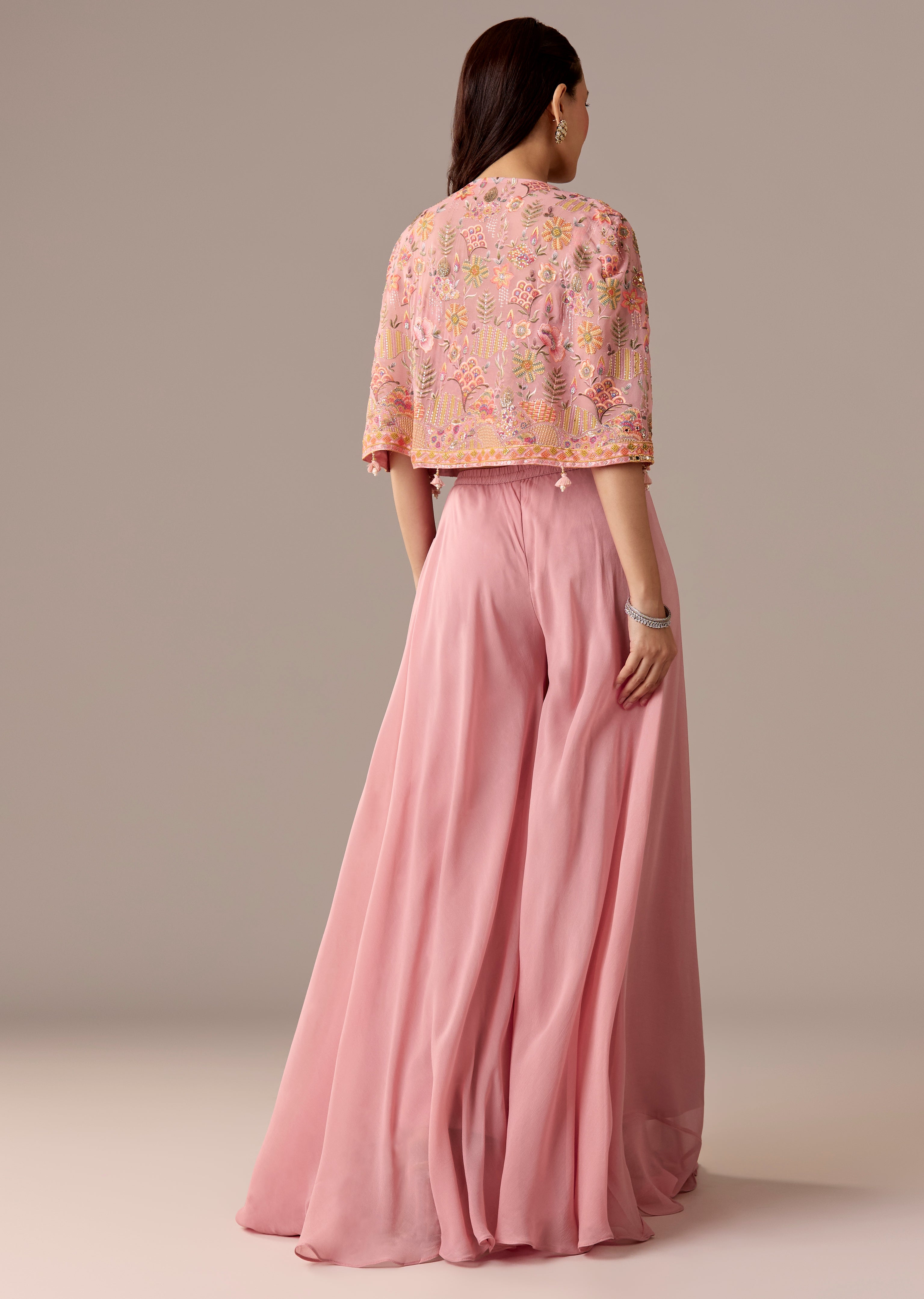 Festive Couple Set – Pink Embellished Cape Palazzo Set for Her And Blue Silk Kurta Set with Resham Embroidery for Him