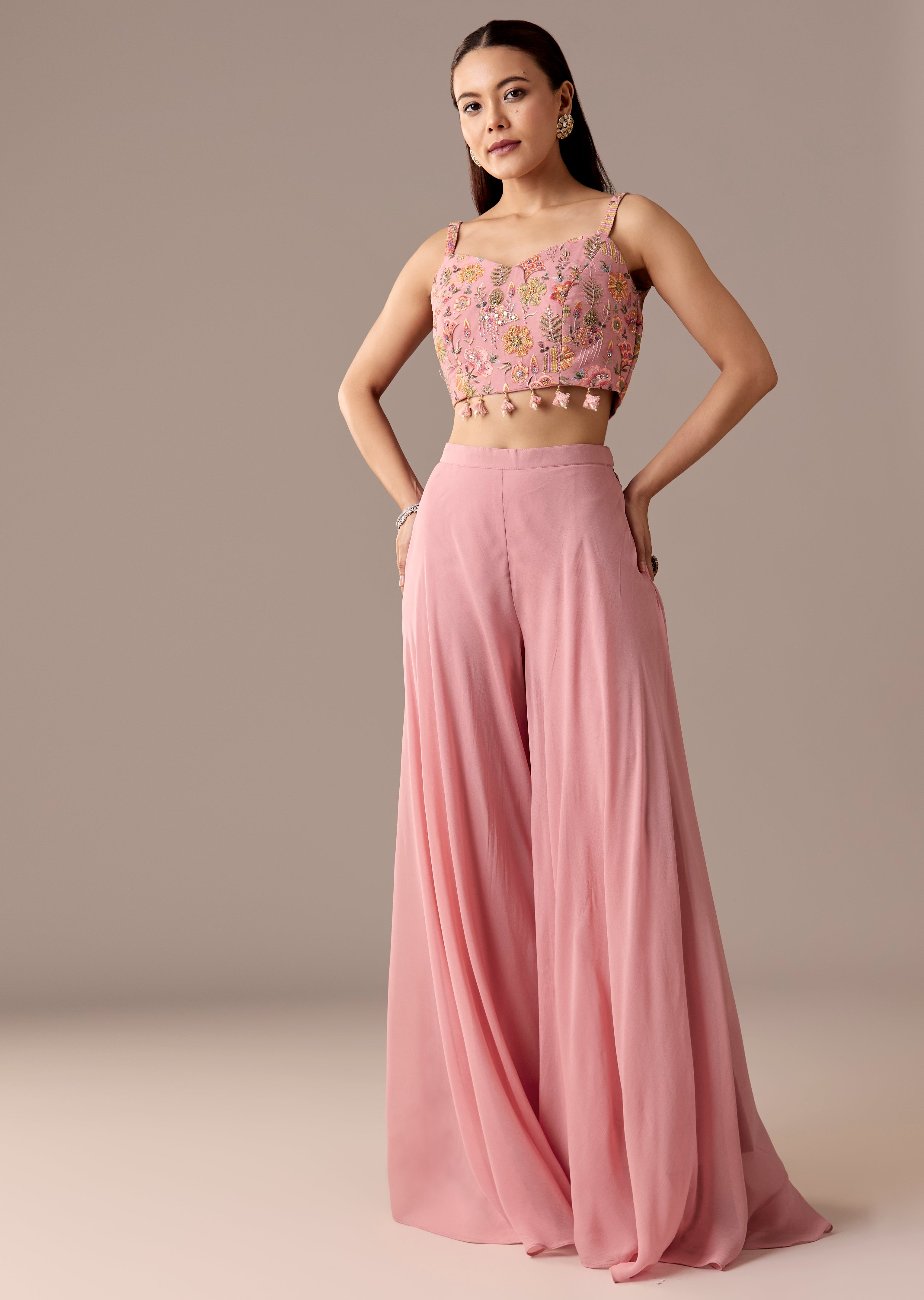 Festive Couple Set – Pink Embellished Cape Palazzo Set for Her And Blue Silk Kurta Set with Resham Embroidery for Him