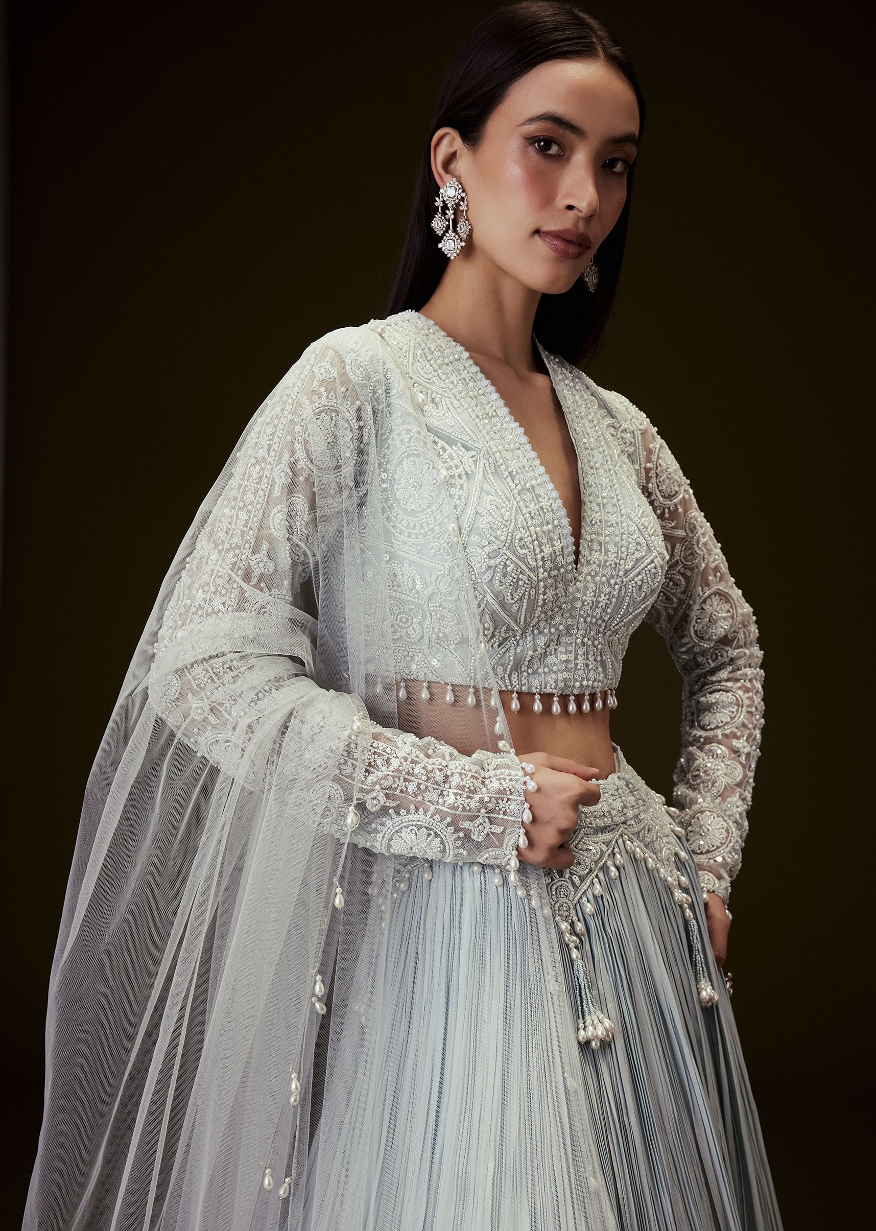 Sky Blue Crepe Sequence Lehenga With Full Sleeve  Blouse